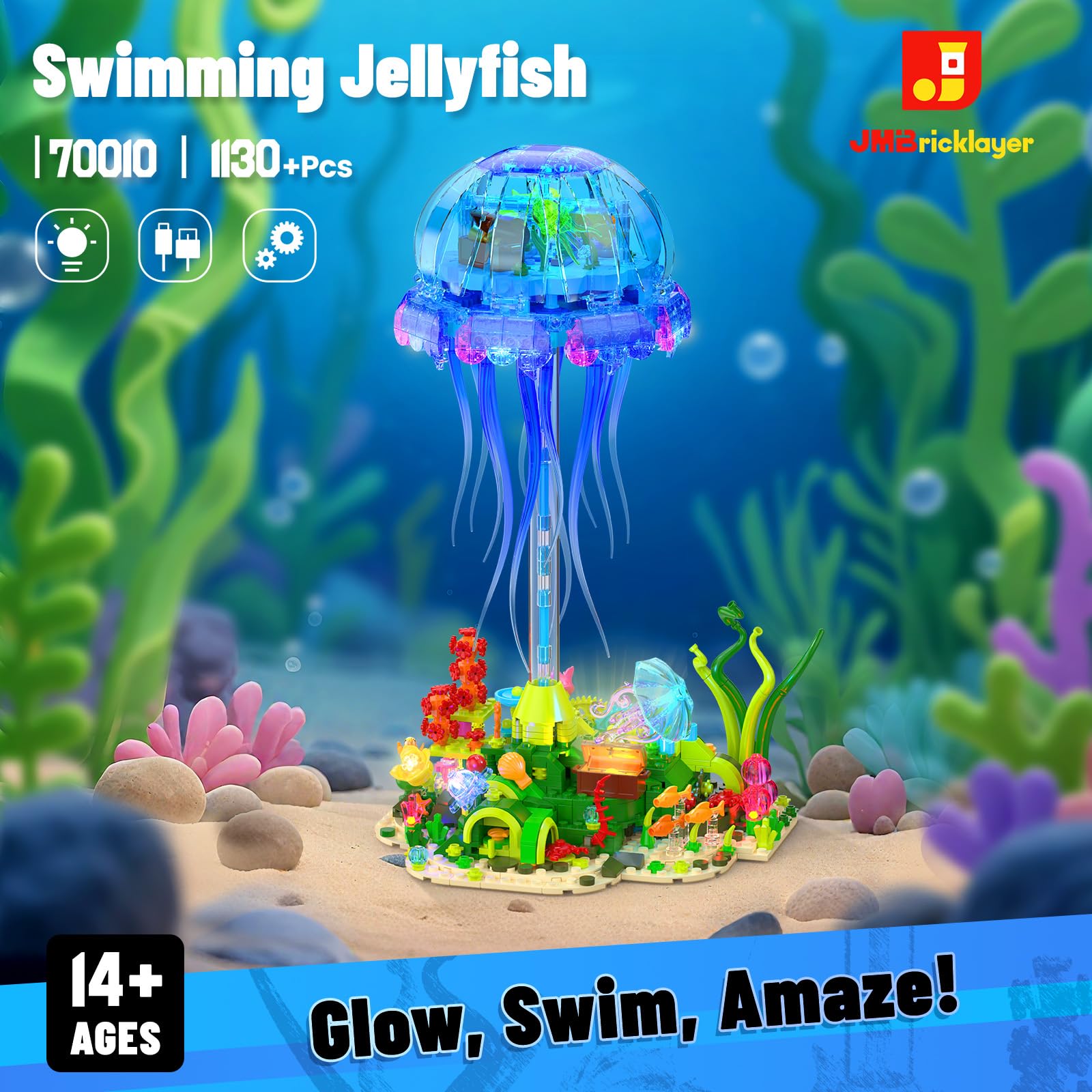 JMBricklayer Jellyfish Building Set with LED Lights, Ocean Animal Collection Toy, Floating Jellyfish Lamp, Sea Creature Display for Adults, Home & Office Decor, Creative Gifts for Boys Girls 14+