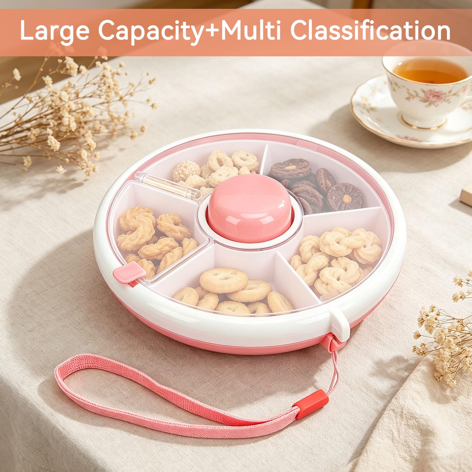 Contenitore per snack girevole per bambini, sigillo per frutta portatile sigillato a 5 scomparti con vassoio per snack con cinturino da mano per viaggi per adulti Viaggio a casa per bambini(Rosa)