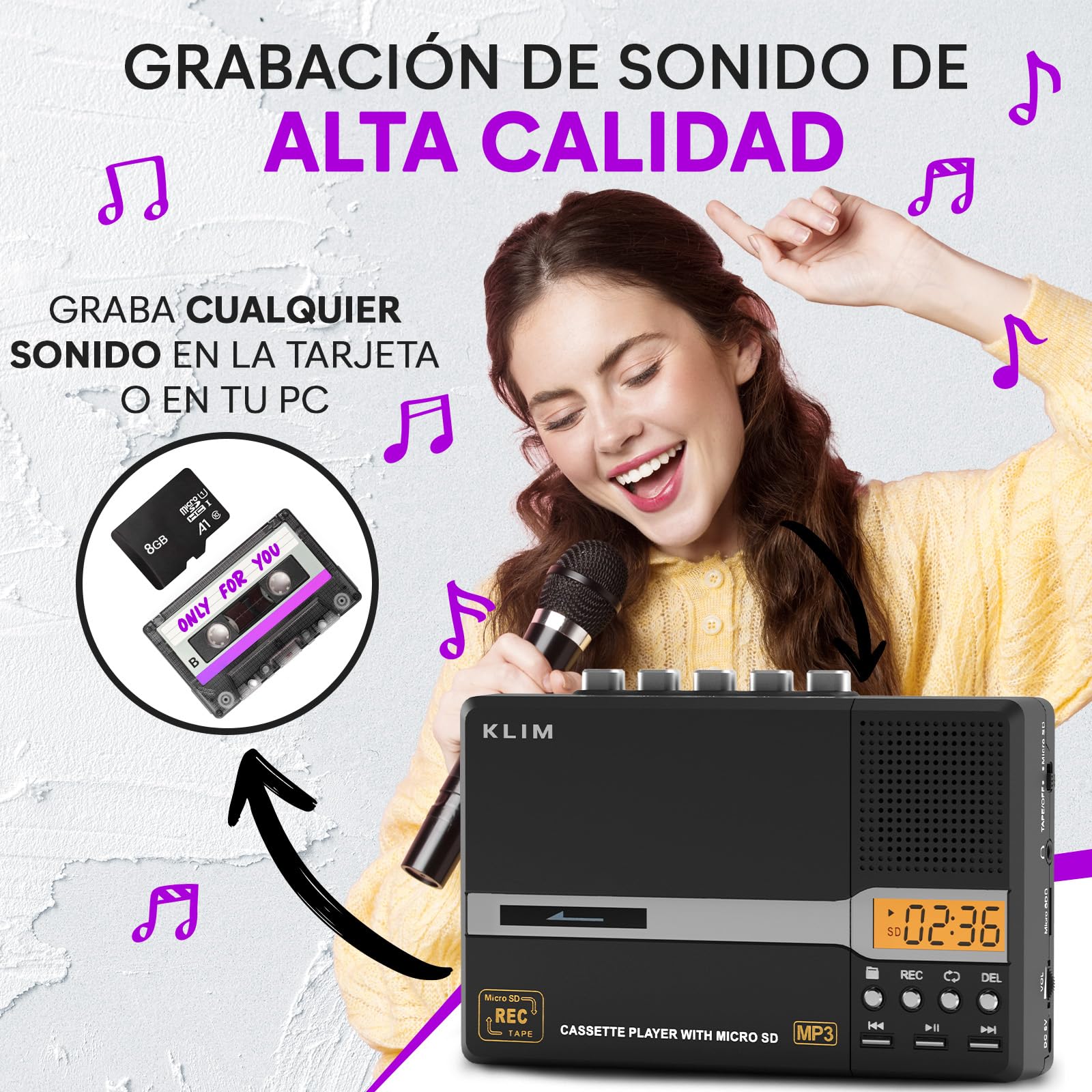 KLIM K10 Reproductor Cassette Portátil & Grabadora Cassette & Convertidor a MP3 + Micrófono & Altavoz Integrados + Transferencia USB PC + Pilas/USB + Tarjeta SD 8GB + Auriculares - Negro
