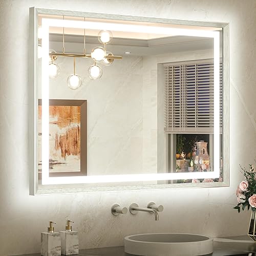 Miniatura 87 de TETOTE Espejo LED de baño de 24 x 32 pulgadas, marco de metal dorado cepillado frontal y retroiluminado, espejo de tocador antiniebla, regulable Oro