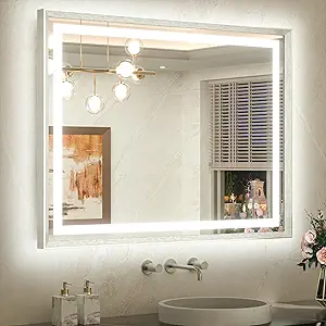 TETOTE 40 x 32 Led Mirror Brushed Nickel Metal Frame Frontlit & Backlit Vanity Mirror Anti-Fog Stepless Dimmable 3 Colors White/Warm/Natural Wall Mirror with Lights Wall-Mounted