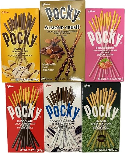 Pocky Sticks Japanese Snacks Variety Pack Asian Snacks Poky Sticks Strawberry, Chocolate, Cookies & Cream, Matcha, Banana, Almond Crush (Variety Pack of 12) - Variety Pack of 12