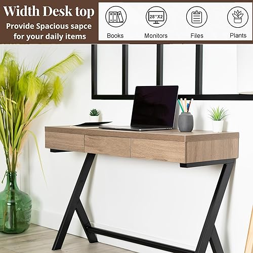 Miniatura 4 de FurnitureR Escritorio de madera para computadora de 45.7 pulgadas con cajón de almacenamiento, escritorio contemporáneo con patas de metal para