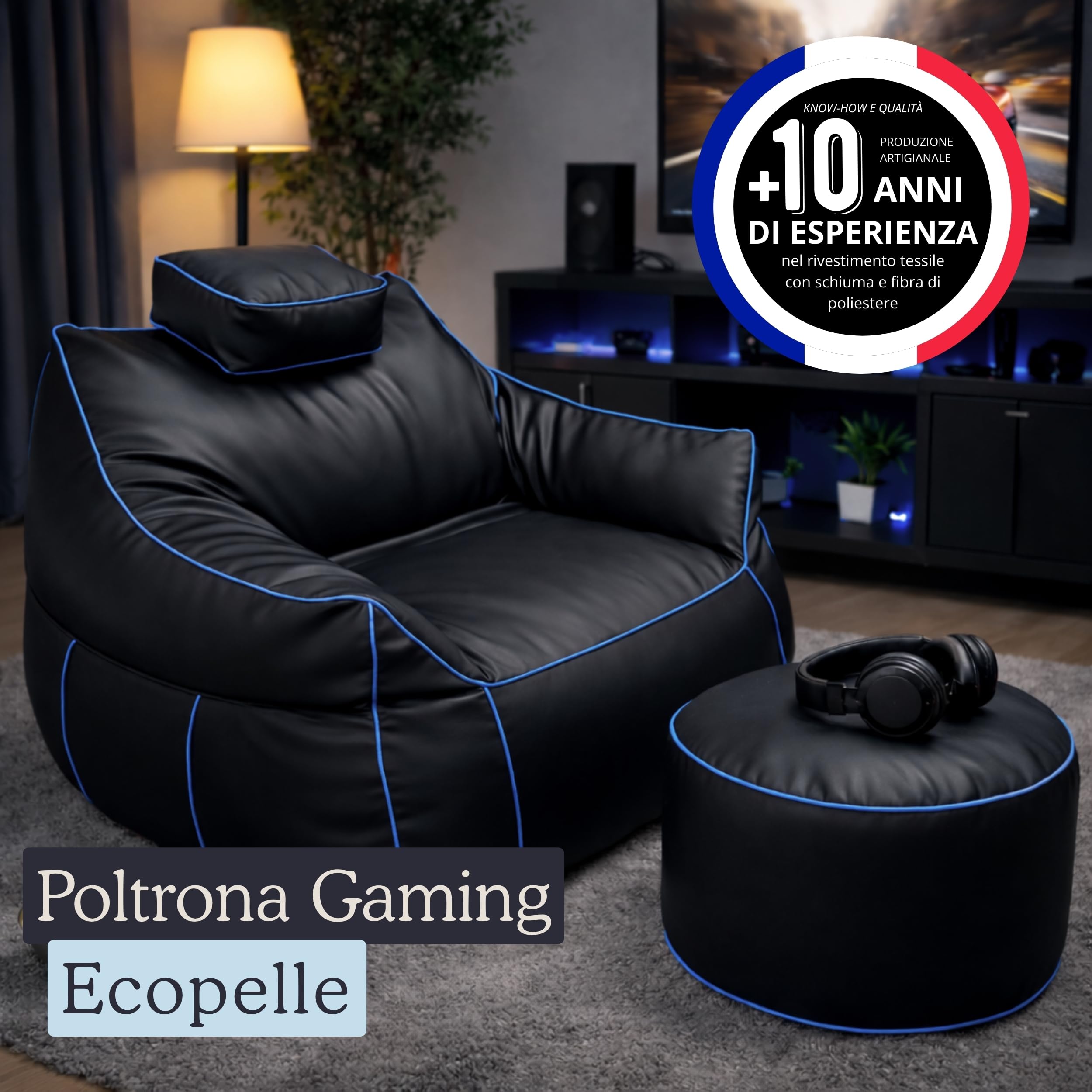 bananair - Set Pouf Poltrona Gaming XXL + Pouf rotondo - Comfort per relax e gaming - Poggiatesta regolabile, 2 tasche - Per divano, soggiorno e postazione gaming (110×100×90 cm, Blu)