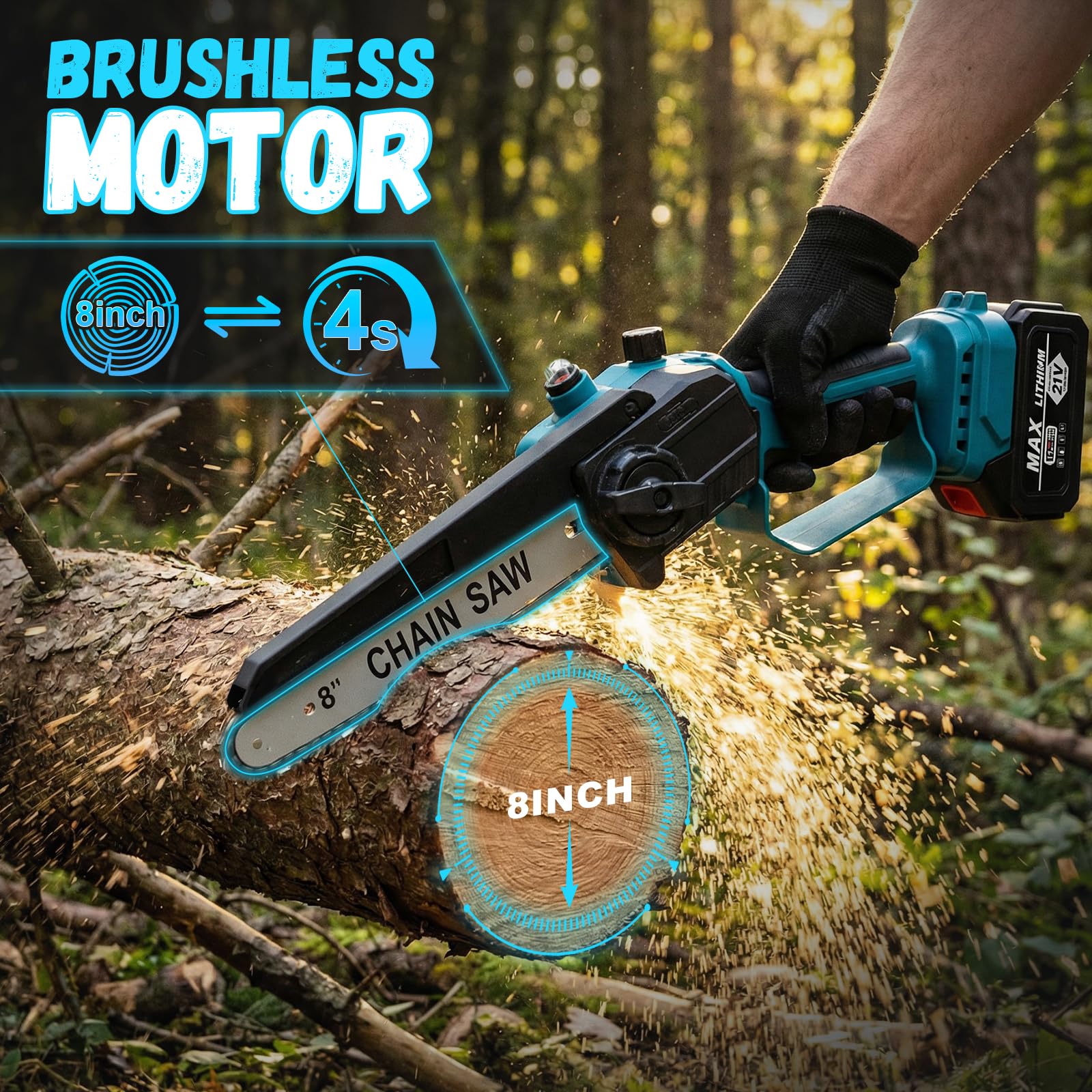2-in-1 Akku-Kettensäge mit Teleskopstange, 8 Zoll (20 cm) Mini-Kettensäge, Teleskop Elektrische Astsäge, Kabellos & Bürstenlos, Maximale Arbeitshöhe 4,5 m für Baum und Astschnitt