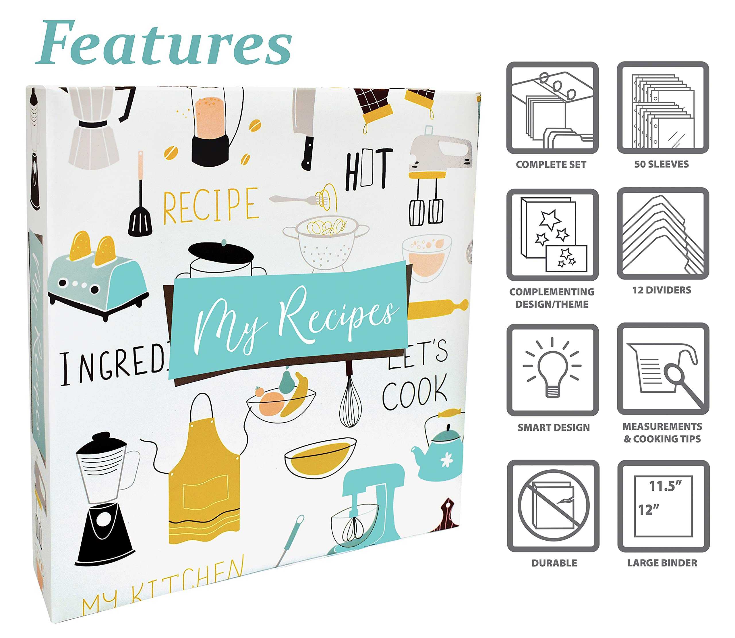 Receptmap, 21,5 cm x 24,1 cm, 3 ringmappen, organizerset (met 50 paginabeschermers, 100 receptkaarten van 4 x 6 en 12 categorieverdelertabbladen) van Better Kitchen Products, zwart en goud