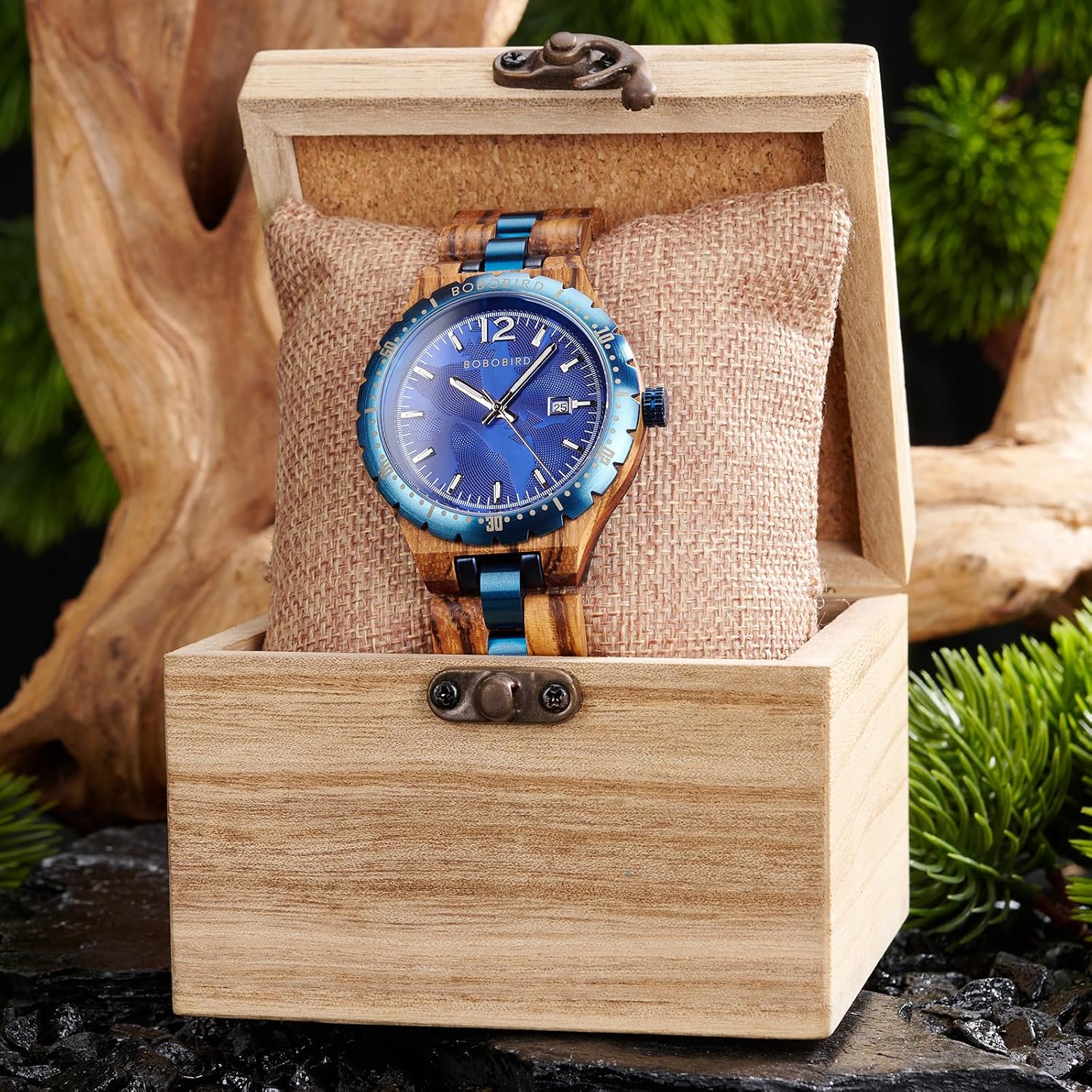 BOBO BIRD Men’s Wooden Watch 1.69in (43mm) Case, Japanese Quartz Movement, Rose Red, Blue & Black Dial Options – Natural Zebra & Ebony Wood Band, Date Display