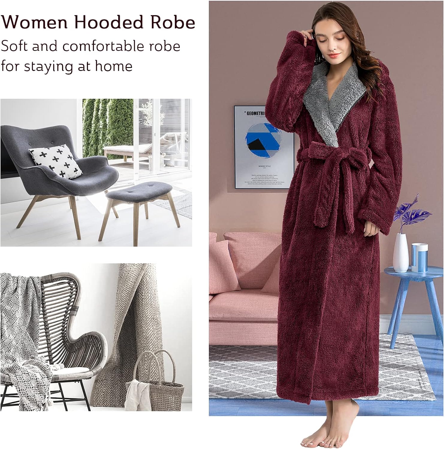 Hellomamma Long Hooded Robe for Women Luxurious Flannel Fleece Full Length Bathrobe Winter Warm Pajamas Shower Nightgown - Image 3