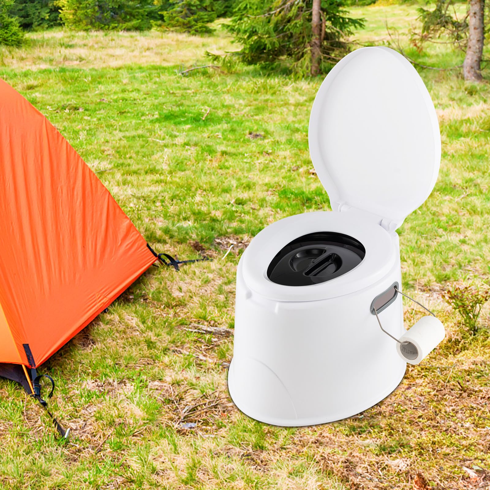 COSTWAY Toilette Portatile WC Chimico, WC da Viaggio Leggero con Secchio Interno Rimovibile,Water Portatile per Adulti e Anziani con Portarotolo, Supporto Carico 200 KG, 41 x 49 x 34 cm (Bianco)