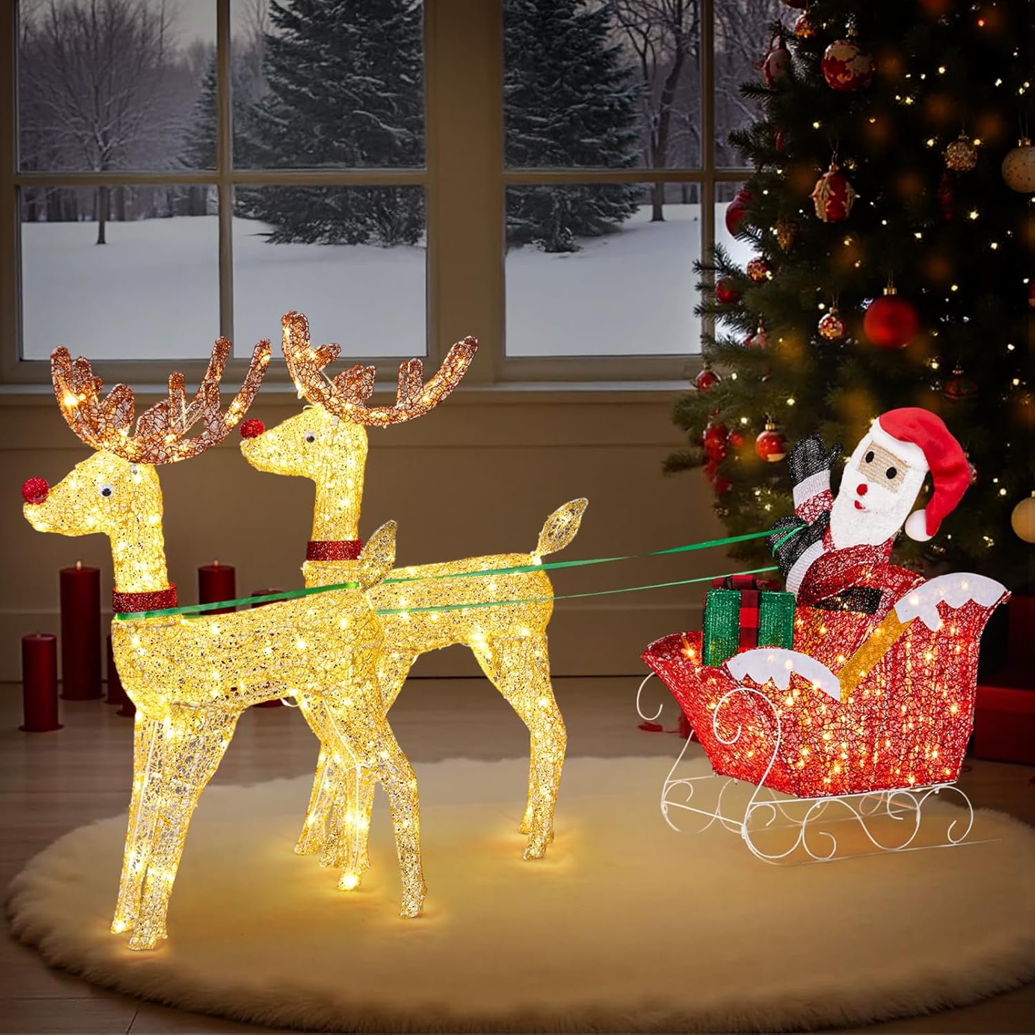 VINGLI 6FT Lighted Christmas Reindeer and Sleigh Outdoor Decorations, 2 Reindeer Pulling Santa’s Sleigh, Warm White LED Glitter Mesh Deer for Xmas Yard Lawn Garden Porch Holiday Decor