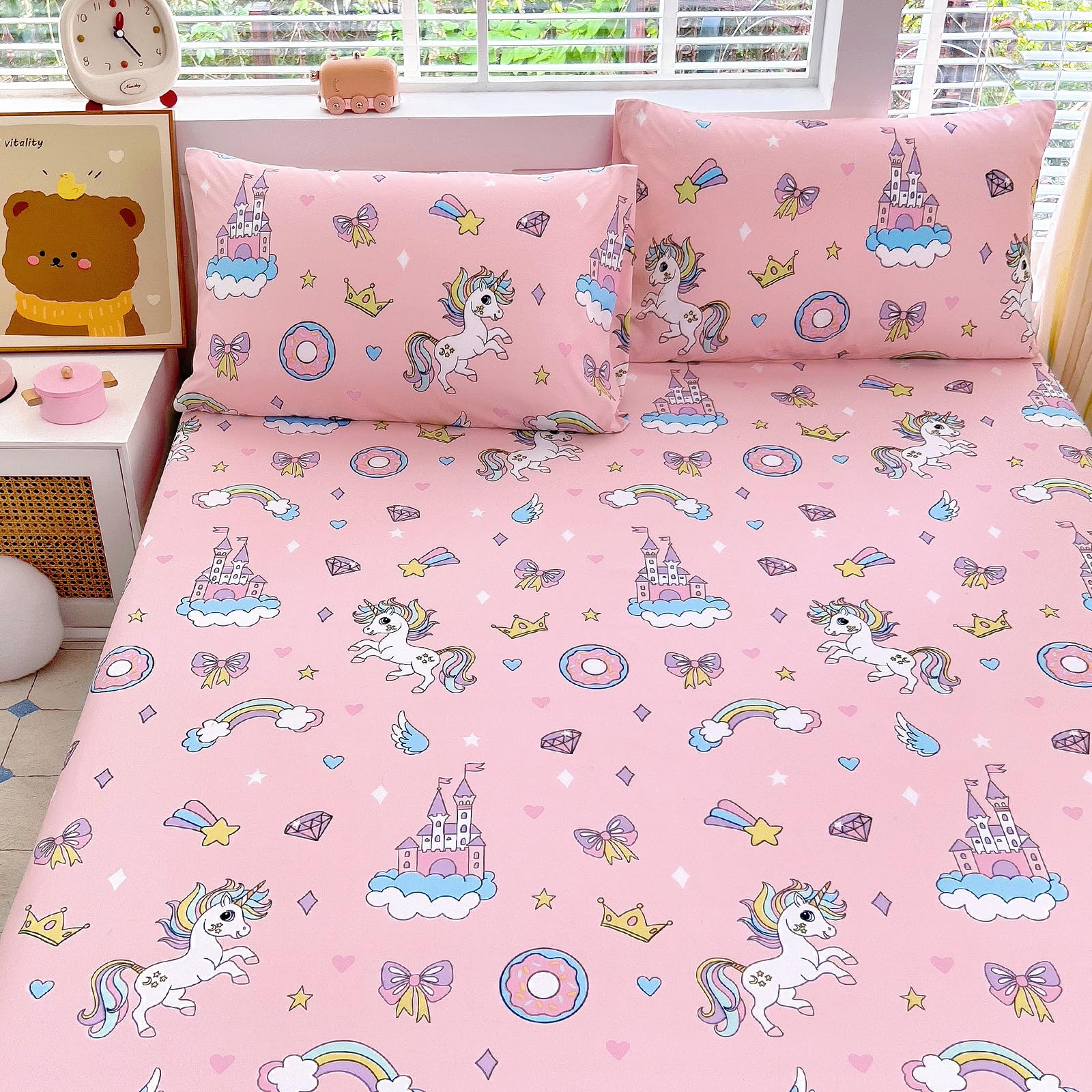 Queen Sheet Set Kids - Pink Unicorn 4 Pieces Soft Microfiber Cartoon Style Bedsheets for Boys Girls Teens, Oeko TEX Breathable 15 Inch Deep Pocket Sheets(Princess Dream)