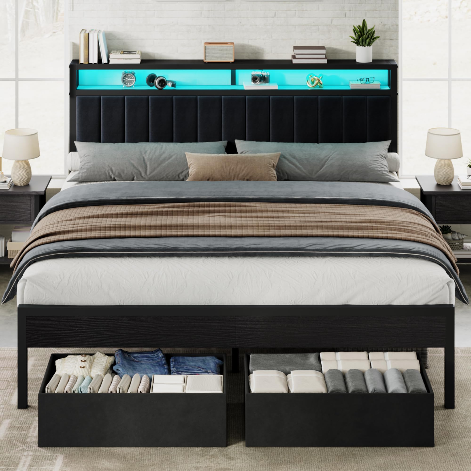 King Bed Frame with LED Light , Metal Platform Bed with Storage Headboard, Velvet Upholstered, Heavy-Duty Slats, No Box Spring Needed, Easy Assembly, Black (Similar Too)