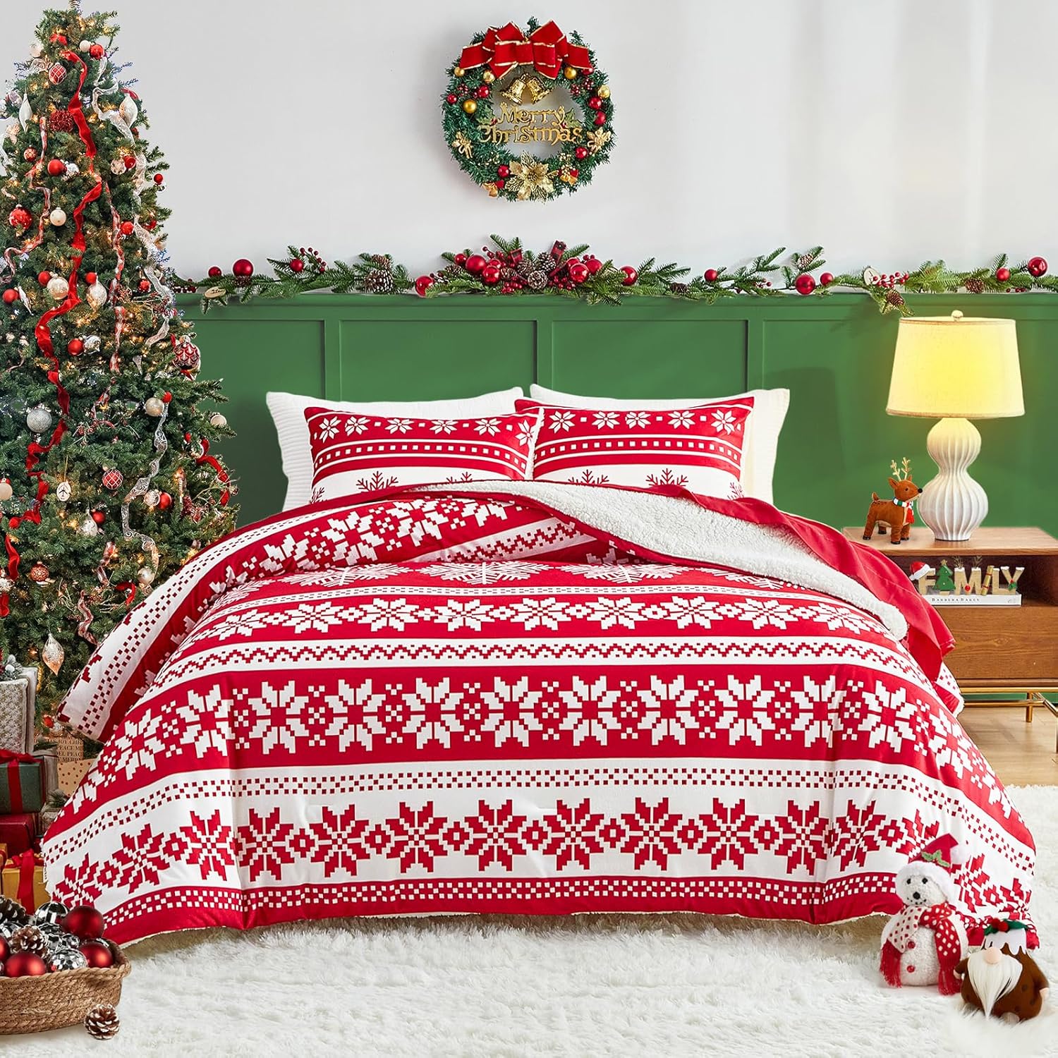 Joyreap 3pcs Fluffy Velvet Sherpa Comforter Set, Christmas