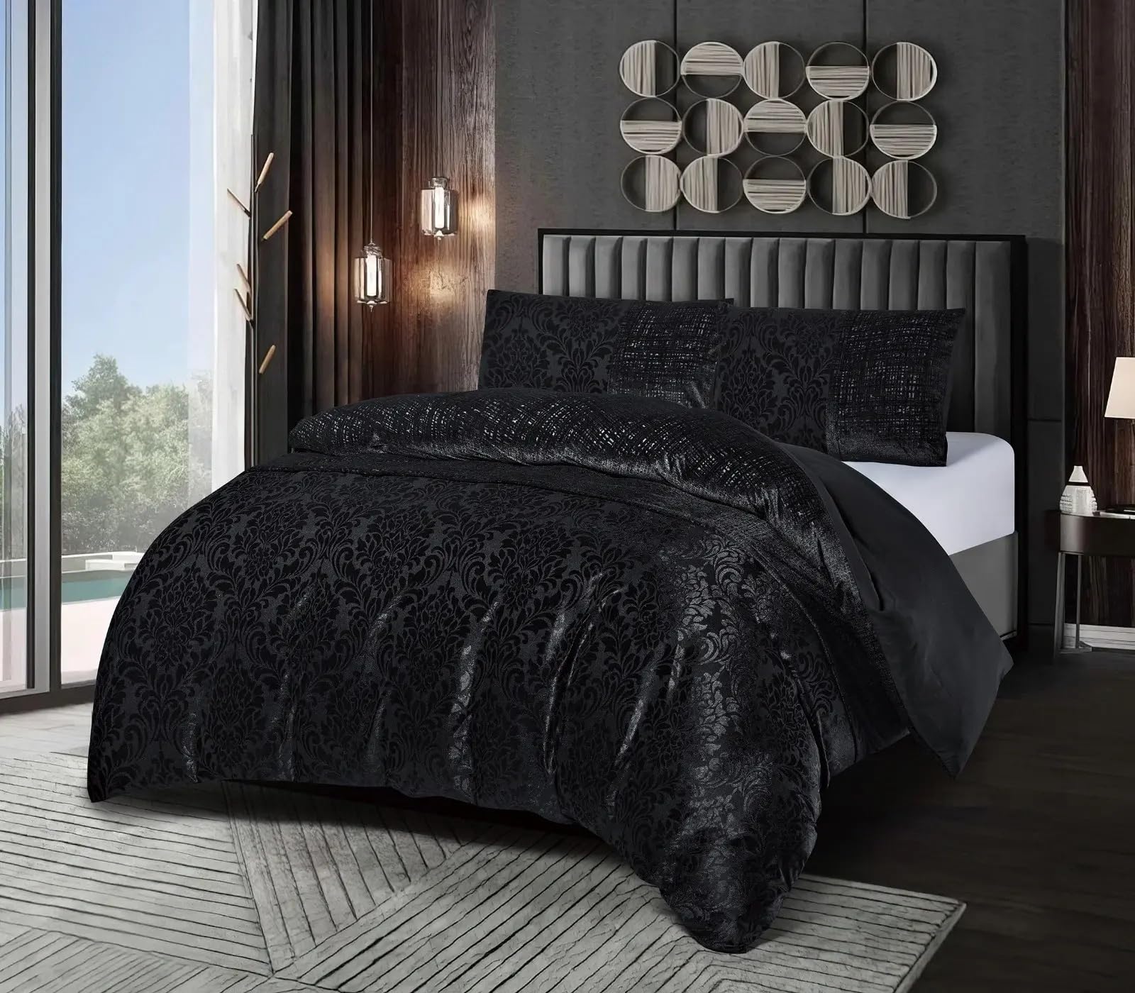 Emilia Crushed Velvet Damask Duvet Cover Set – Luxury Reversible Bedding Set with Pillowcases – Super Soft Jacquard Design – Premium Velvet Quilt Cover Set (Black, King)