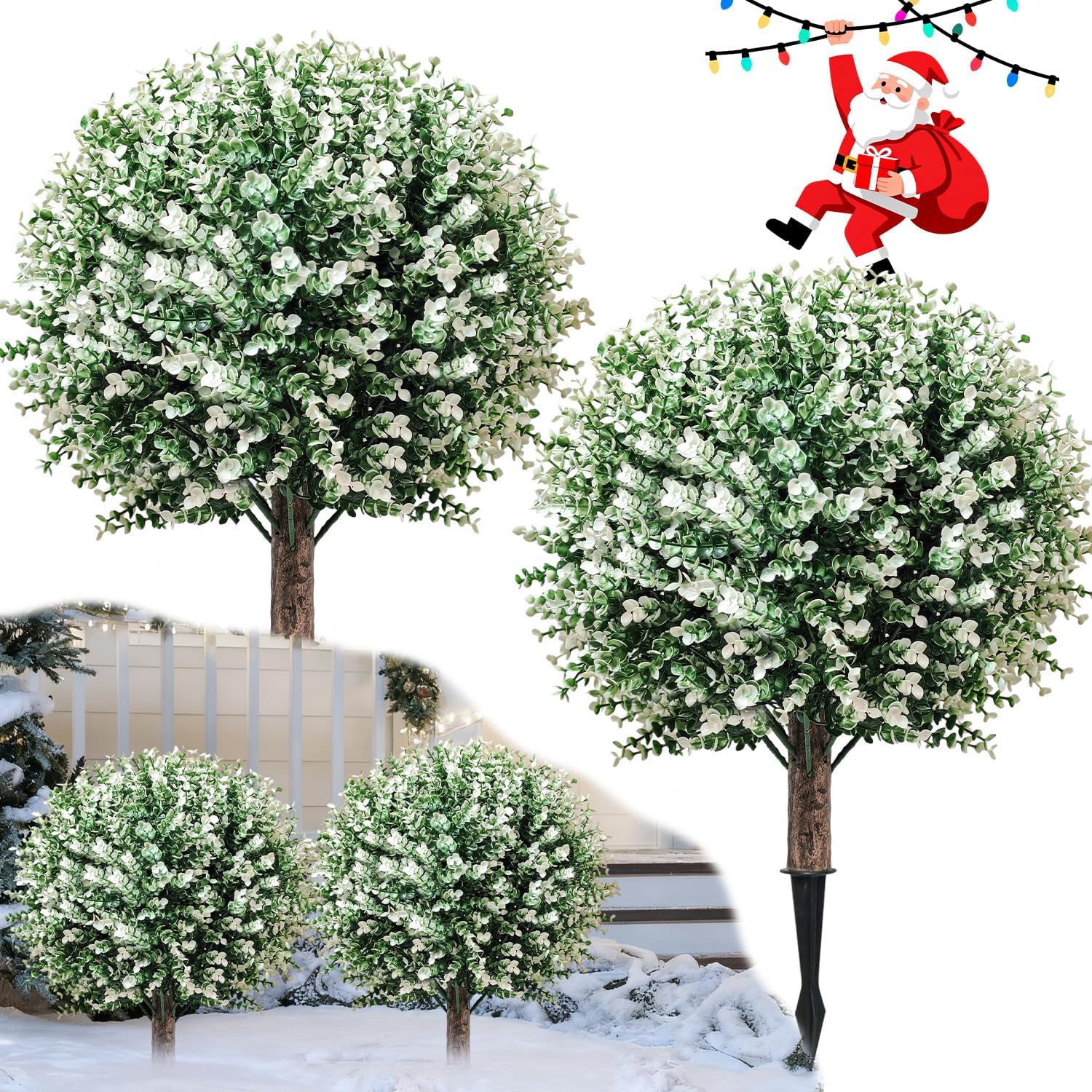 2 Pack Outdoor Artificial Plant Boxwood Topiary Ball Tree White, 24'' Fake Shrub Tree with Spike,UV Resistant Faux Plants Greenery Bushes for Planters, Porch Potted Xmas Decoration