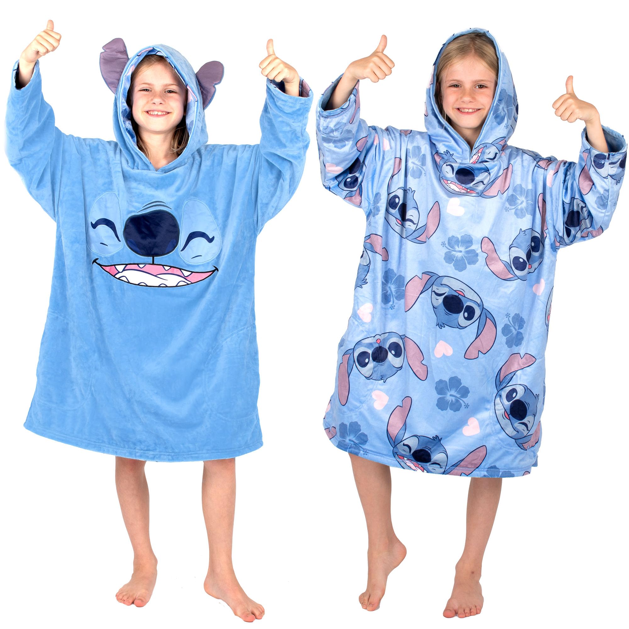 Disney Stitch - Manta reversible con capucha de gran tamaño para niños, súper suave, de doble cara, forro polar, regalo para niñas, talla única, color azul