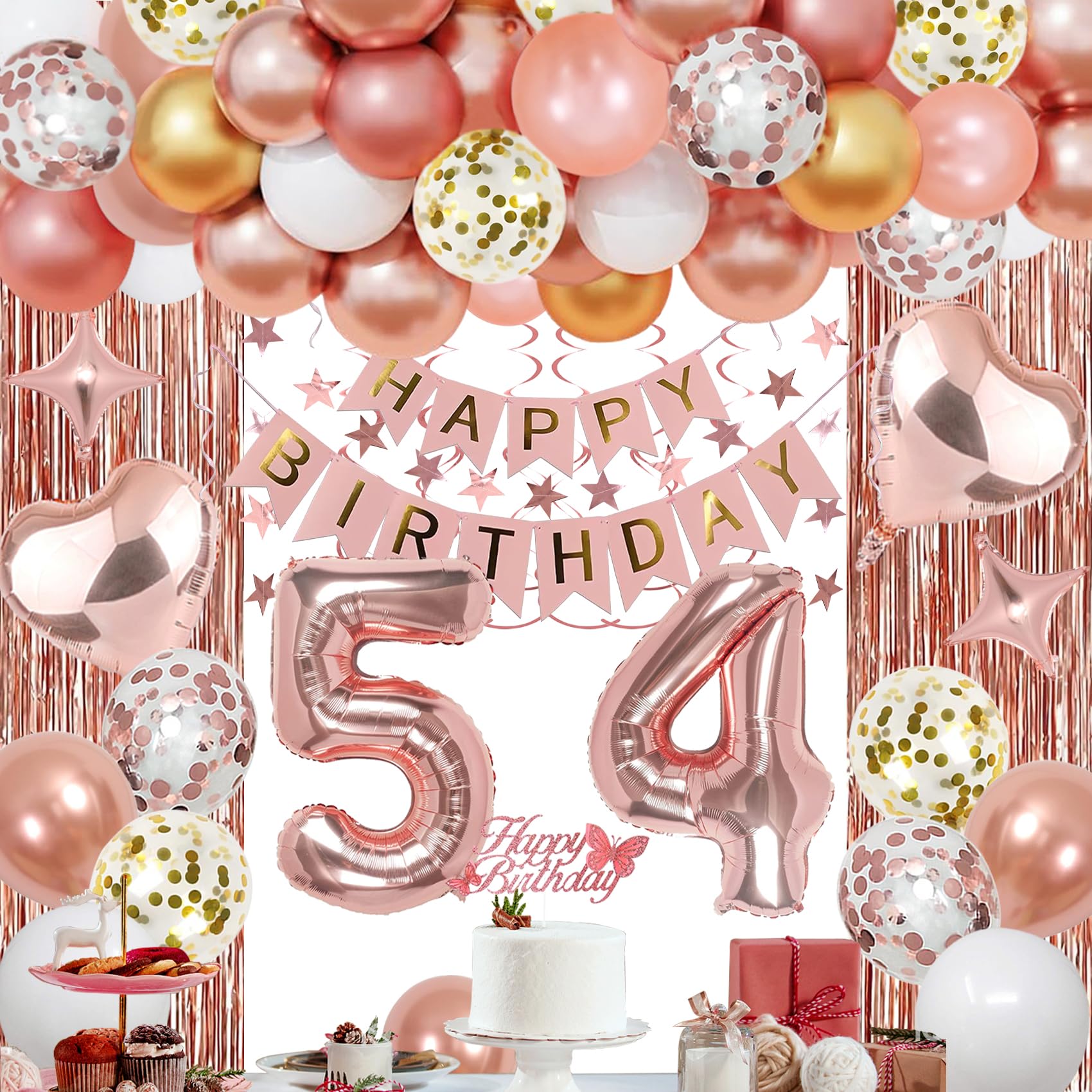 54th Rose Gold Birthday Party Decorations for Women, Rose Gold Happy Birthday Banner, Fringe Curtains, Heart Foil Balloons, Confetti Balloons, Cake