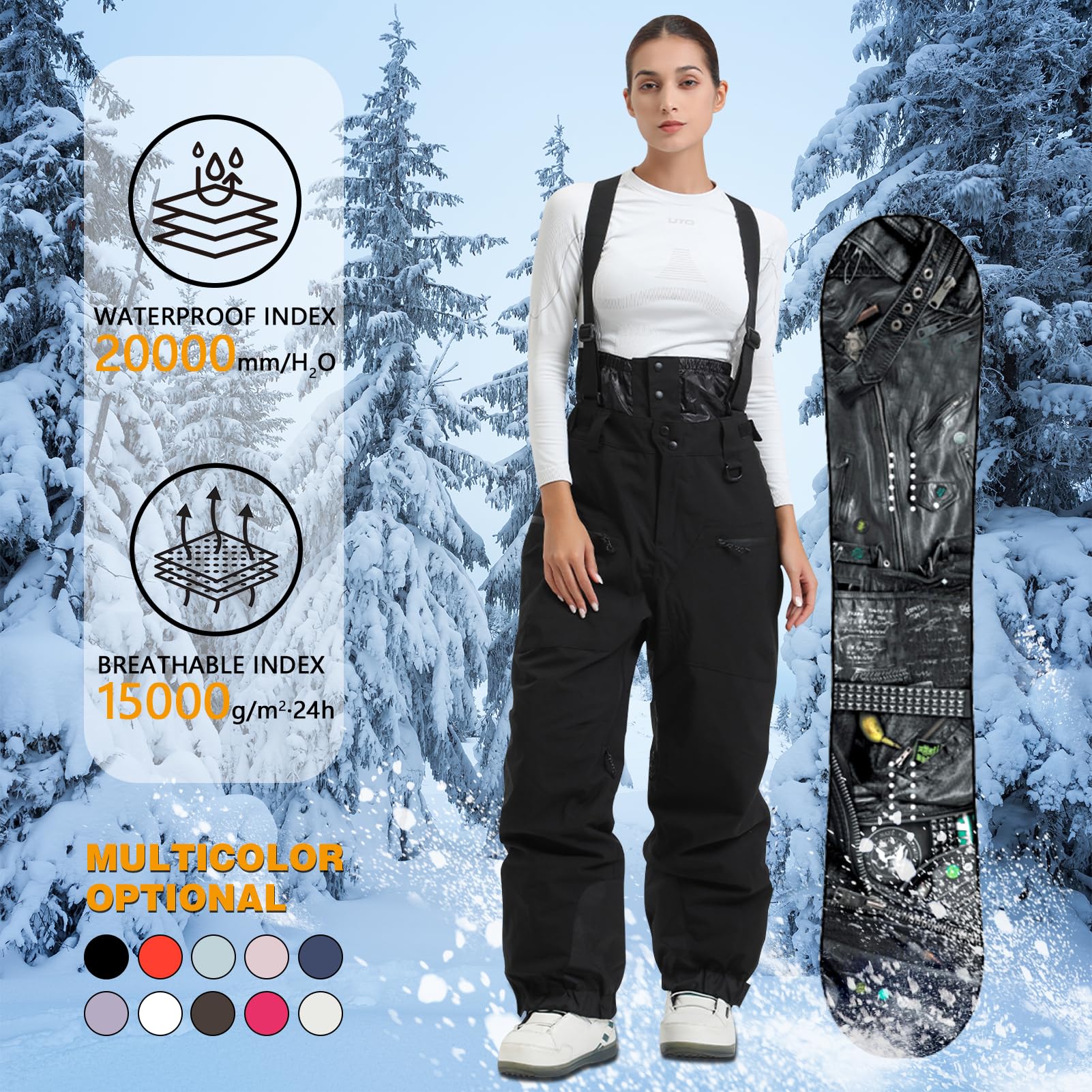 Unisex Skihosen | Damen Herren Schneehose – Gefüttert Warm Wasserdicht, Snowboardhose Mit Hosenträgern, Winter Outdoor Latzhose