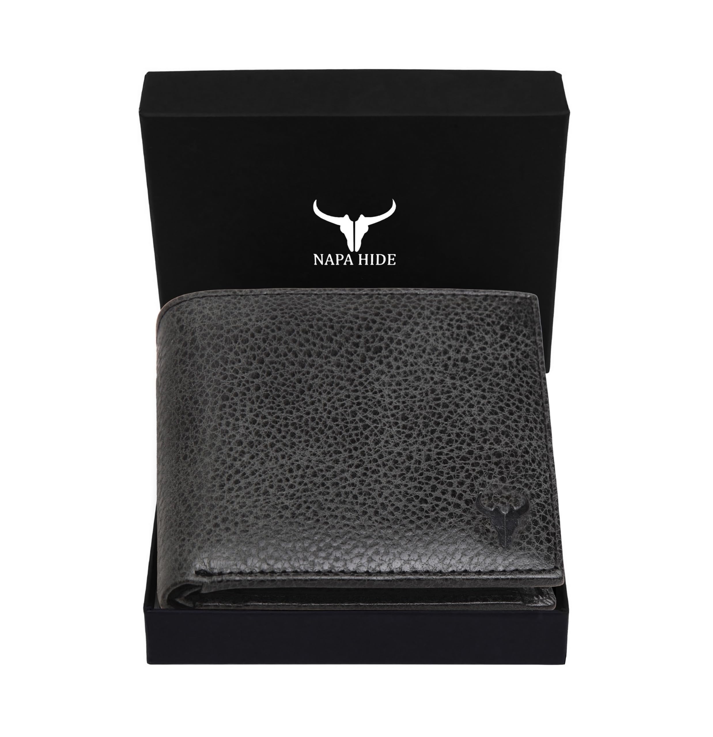 NAPA HIDE Black Leather Wallet for Men I Handcrafted I 4 Credit/Debit Card Slots I 2 Currency Compartments I 1 Transparent ID Window I Textured Wallet