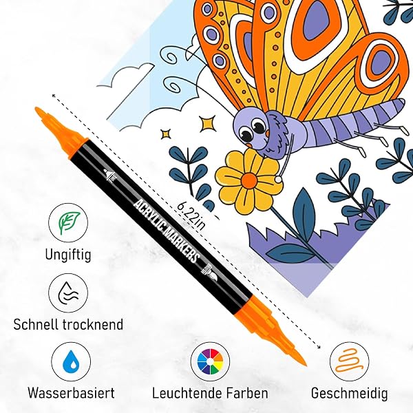 Pamaker 24 Farben Acrylstifte Set – Acrylmarker mit feiner Spitze und Pinsel für Stoff, Leinwand, Glas, Holz und Papier – zum Zeichnen und DIY-Bastelprojekte - 5