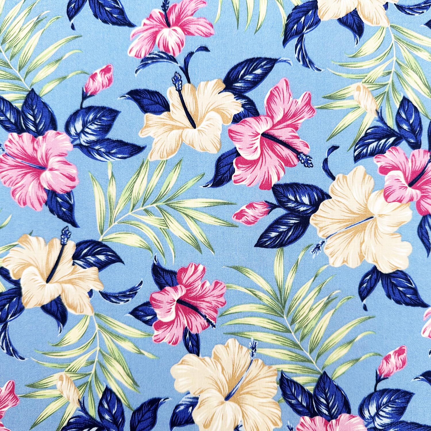 Glamour Secrets Blue Cotton Fabric - Tropical Hibiscus Hawiian Floral Print On - Craft Dress Fabric Material