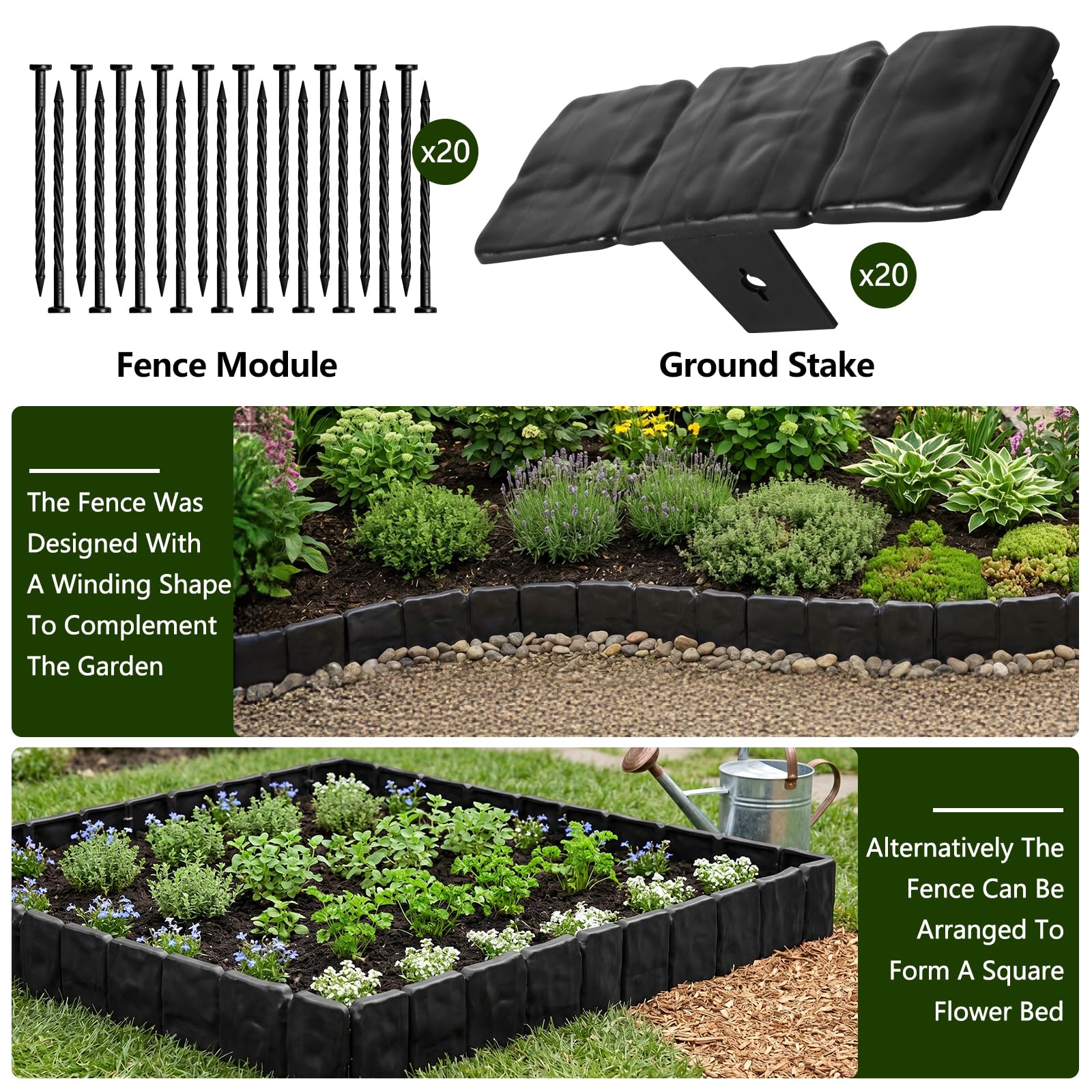 Recinzione per Giardino 5m, Bordo Giardino Decorativa in PP Resistente, Pietra Bordo per Prato Adatto in Plastica per Aiuole e Prati, Facile da Installare per Vialetti, Aiuole e Prati, Nero