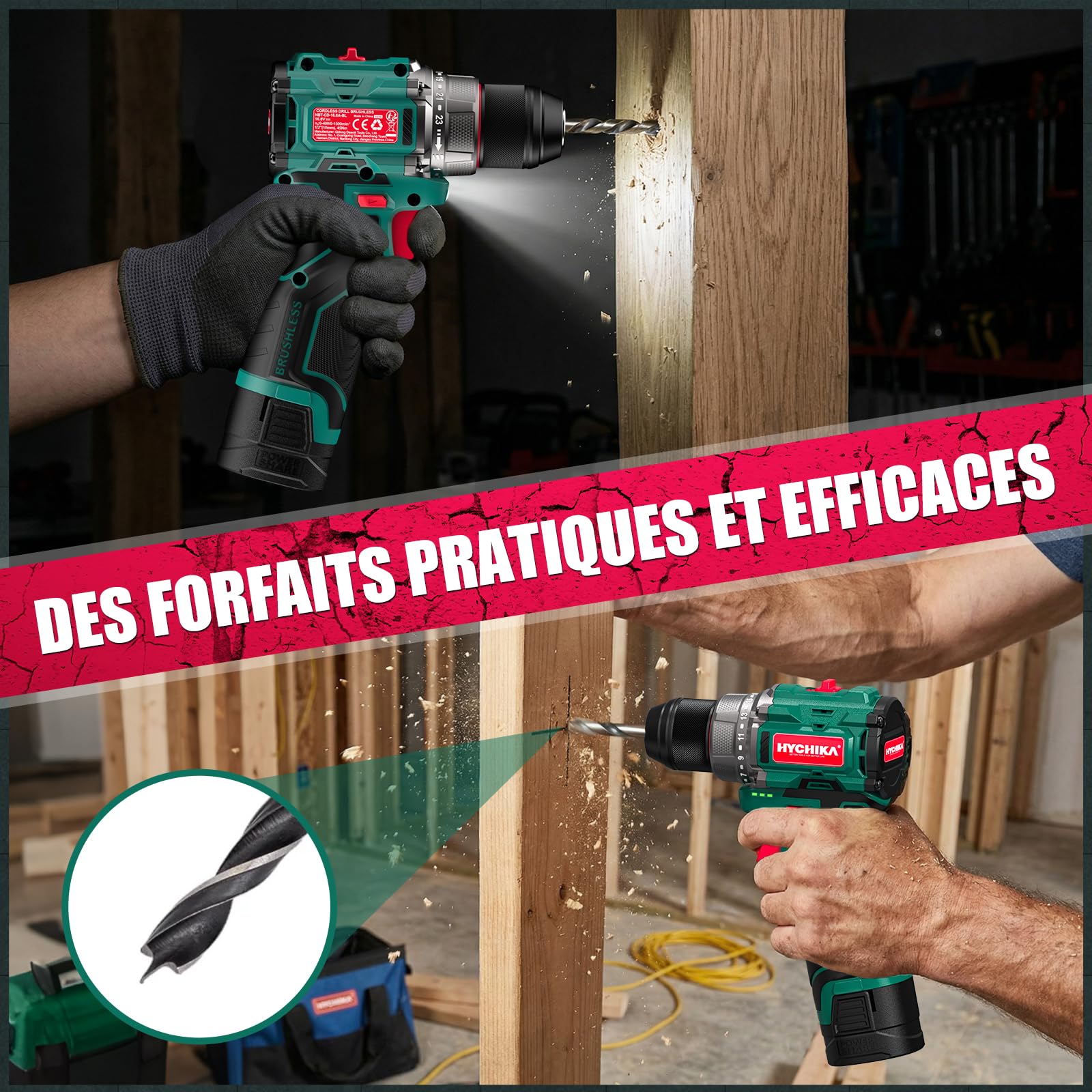 HYCHIKA Perceuse Visseuse sans Fil, 45Nm Max, 23+1 Niveaux de Couple, 2 Vitesses, 1500mAh, 53 Accessoires, pour Travaux de Bricolage Maison et Jardin