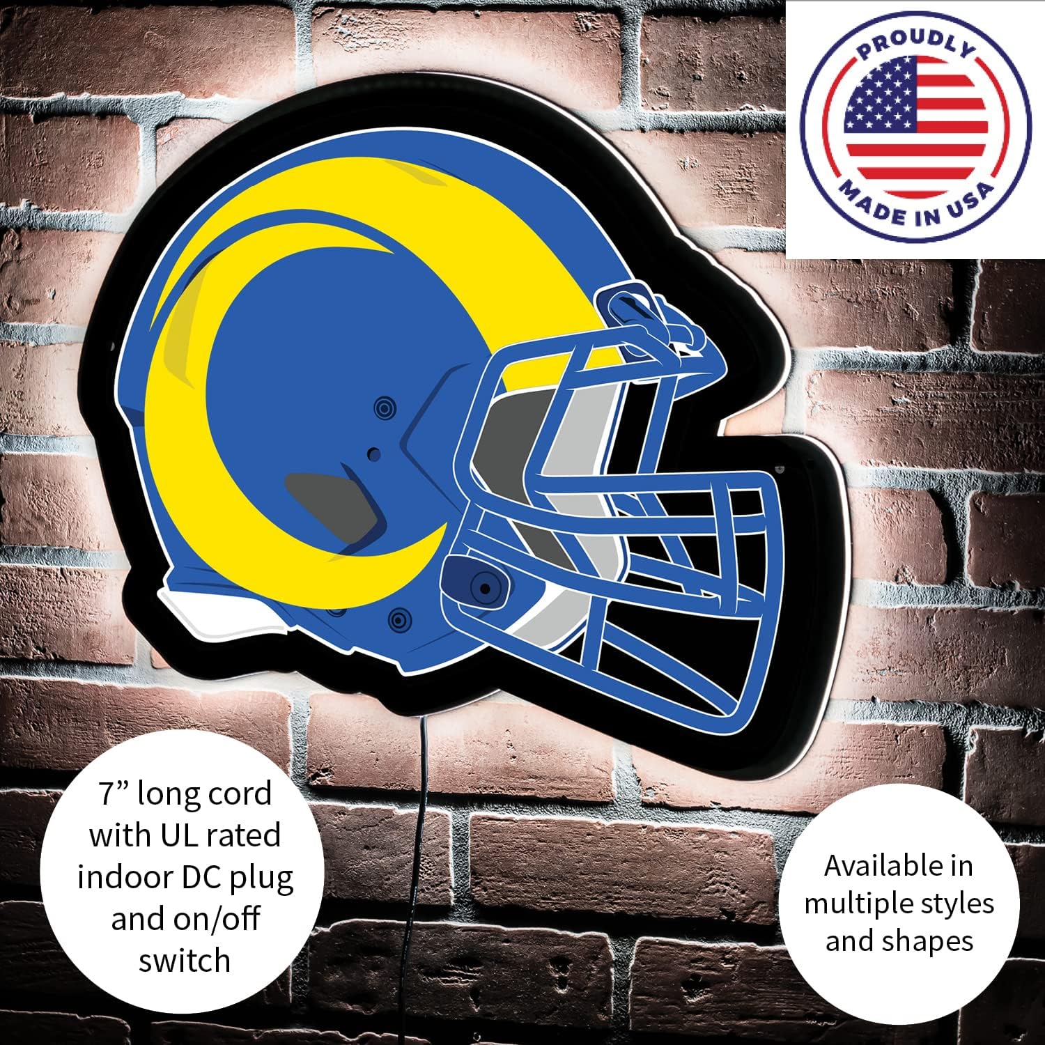 Team Sports America Evergreen NFL Los Angeles Rams Ultra-Thin LED Light Wall Sign Decor | Full Size Replica Helmet | 19.5 x 15 Inches | Made in the USA