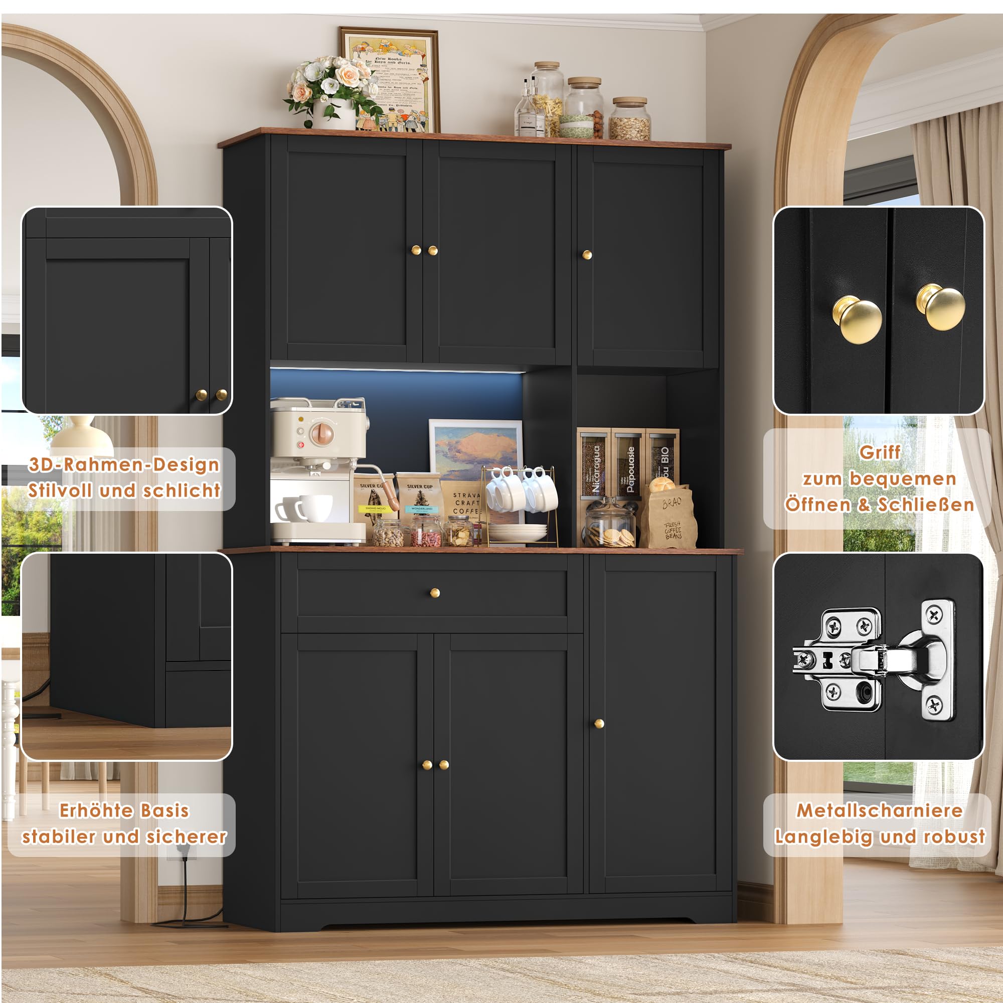 FirFurd Küchenschrank 180cm Buffetschrank mit LED Sideboard für Küche mit Steckdosenleiste Küchenschrank mit Arbeitsplatte & Weinregal für 12 Flaschen Küchenbuffet Küchenmöbel 180x100x39cm schwarz
