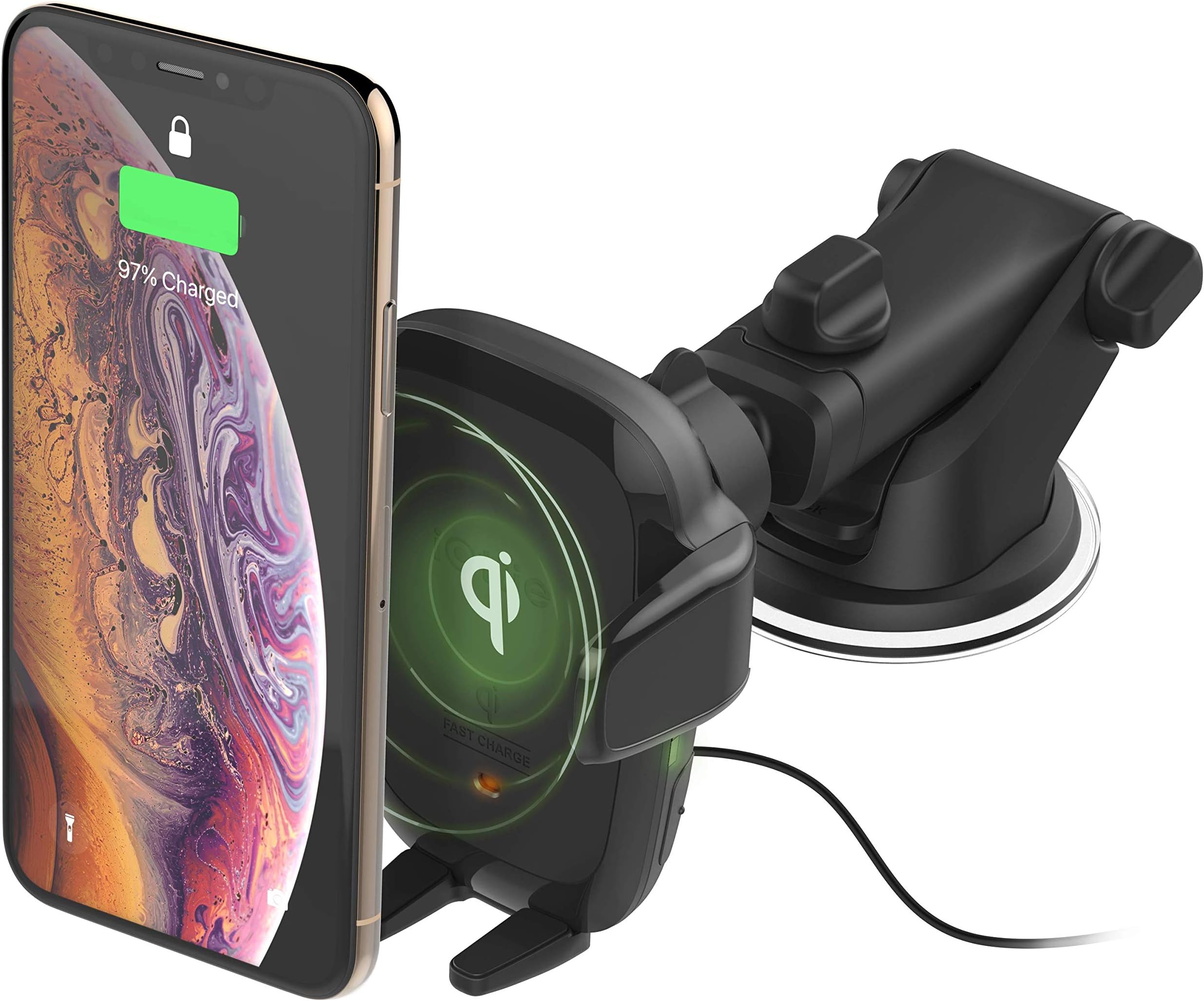 Auto Sense Qi Wireless Car Charger - Automatic Clamping Dashboard Phone Mount with Wireless Charging for iPhone, Samsung Galaxy, Google Pixel, Huawei, LG, and Other Smartphones