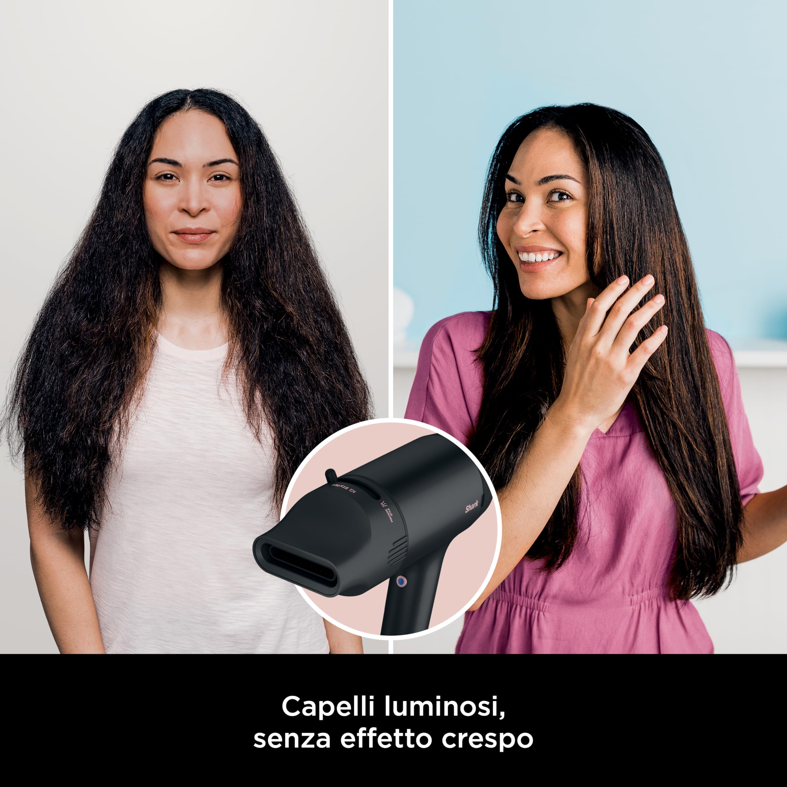 Shark STYLE iQ Asciugacapelli e Styler per Capelli a Ioni 3 in 1, con Spazzola, Diffusore per Ricci e Concentratore, Asciugatura Veloce, Senza Danni, Impostazioni Automatiche, Nero/Oro Rosa, HD120EU