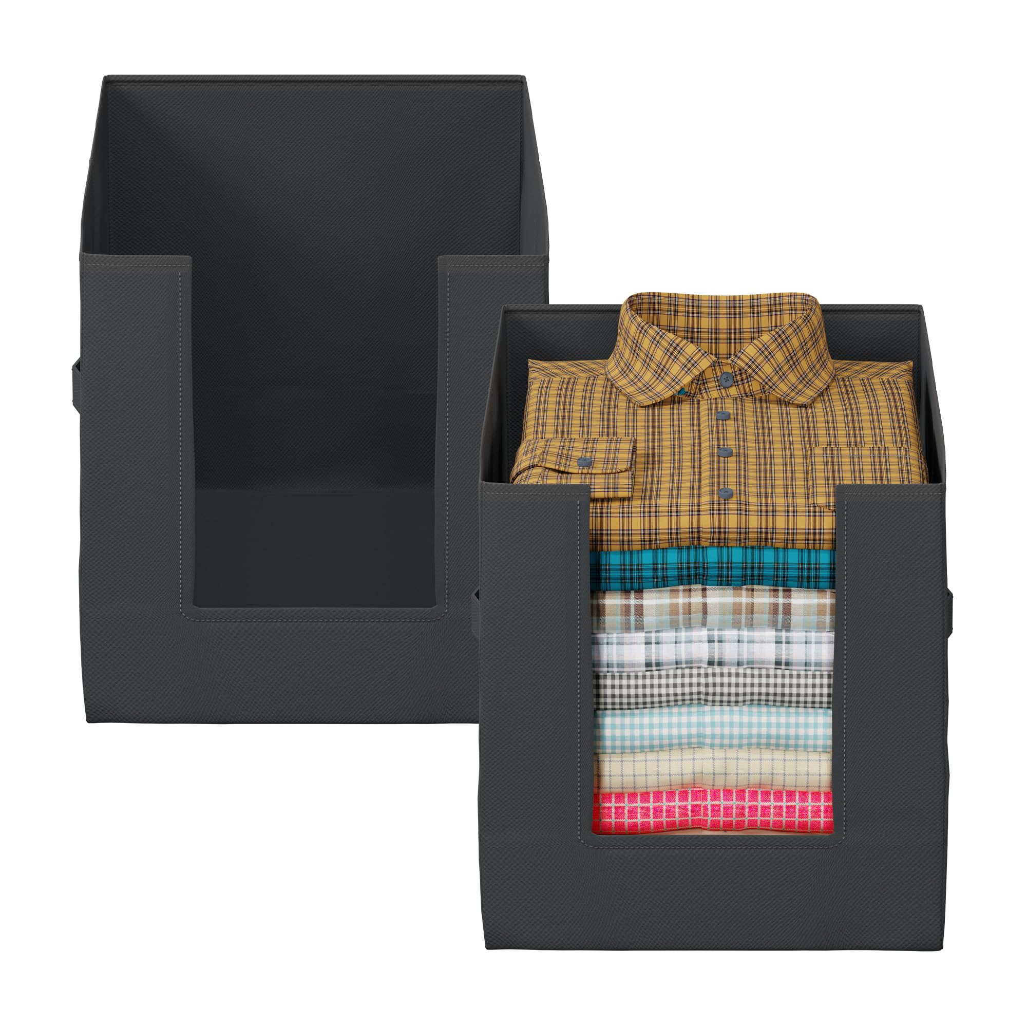 Kuber Industries Shirt Organizer for Wardrobe|Foldable Non Woven Shirt Stacker|Designer Cupboard Organizer for Clothes |Clothes Storage box|Pack Of 2 (Black) 3