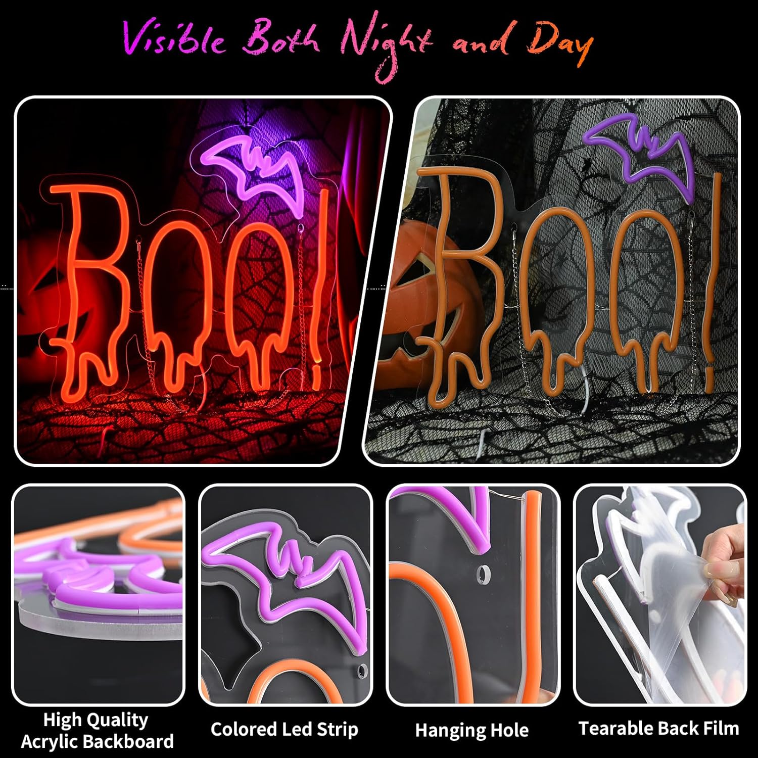 Halloween Neon Sign, Orange Purple BOO Bat Neon Light Up Sign for Halloween Party Decorations, Dimmable Neon Halloween Led Sign for Wall Decor, Spooky Boo Neon Sign for Trick or Treat Party Backdrop