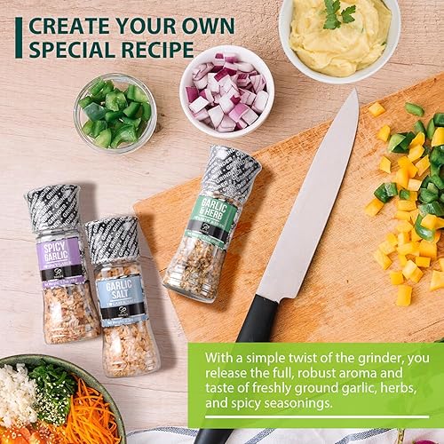 Vista 8 de Soeos Juego de 3 condimentos para especias con molinillos integrados, ajo picante, ajo y hierbas, sal de ajo, juego de regalo de condimentos.