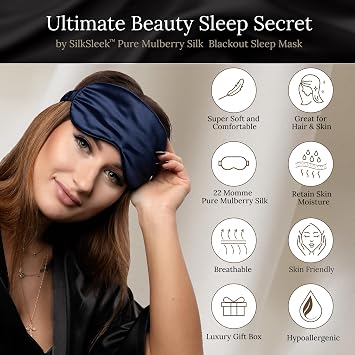 Eye Mask for Sleeping, 22 Momme Pure Mulberry Silk Sleep Mask Filled with 100% Pure Silk, Travel Essentials, Super Soft & Comfortable Blackout Eye Mask in Gift Box… (Navy Blue)