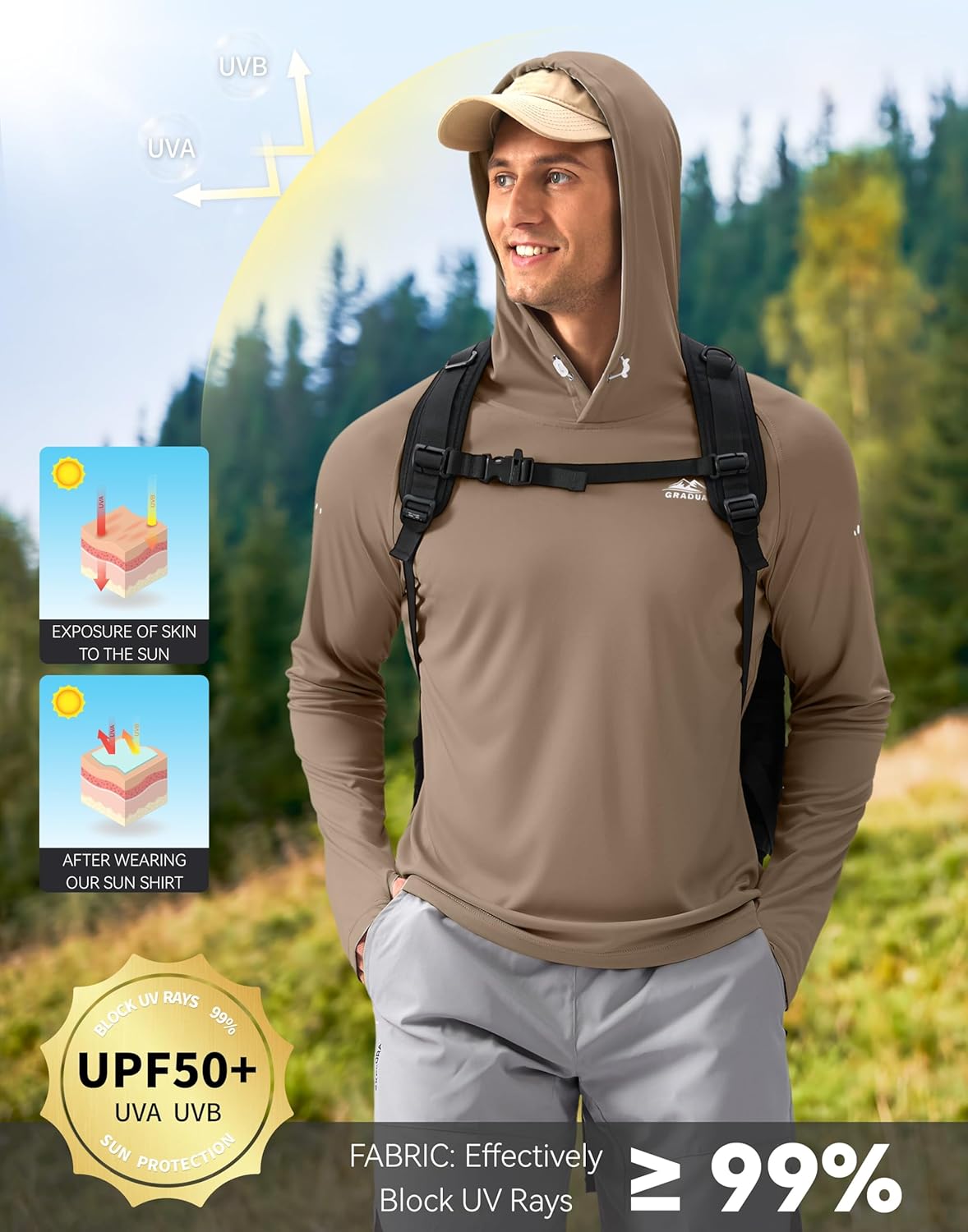 Men's Sun Protection Hoodie Shirt UPF 50+ Long Sleeve Fishing Rash Guard UV SPF Summer Lightweight Hiking Shirt for Men - Image 6