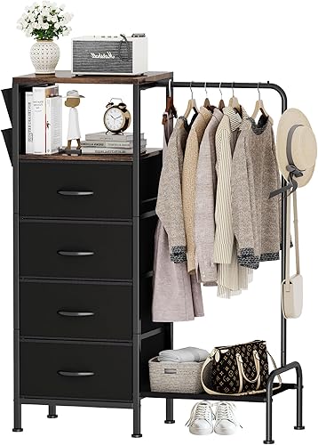 Homeiju Cómoda con estante para colgar, cómoda reversible para dormitorio con 4 cajones y perchero y bolsillos laterales, cómoda con perchero, Negro