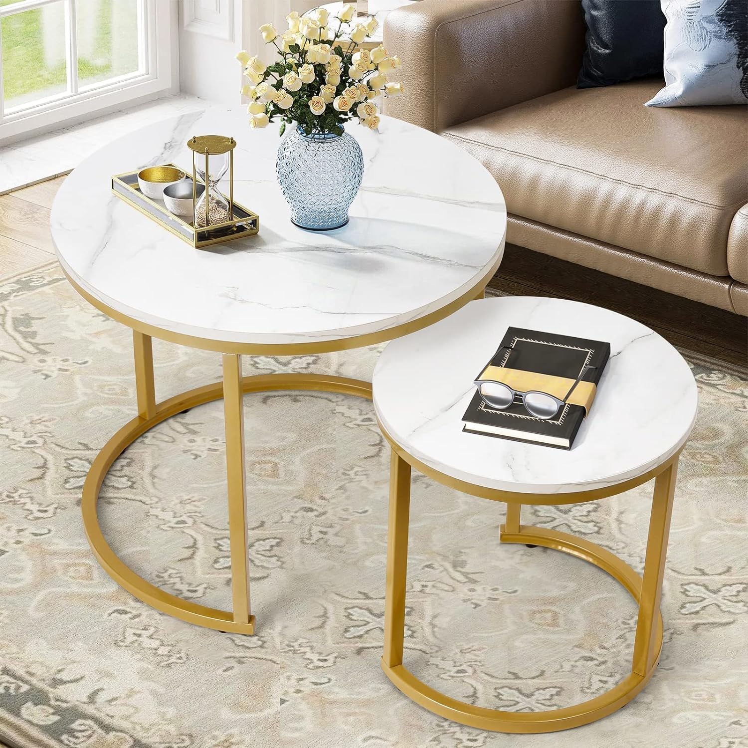 Coffee Tables for Living Room - Small Round Coffee Table Set of 2, Center Table with Solid Wood Grain Table Top and Sturdy Metal Frame, Nesting Tables for Small Spaces, Easy to Assemble