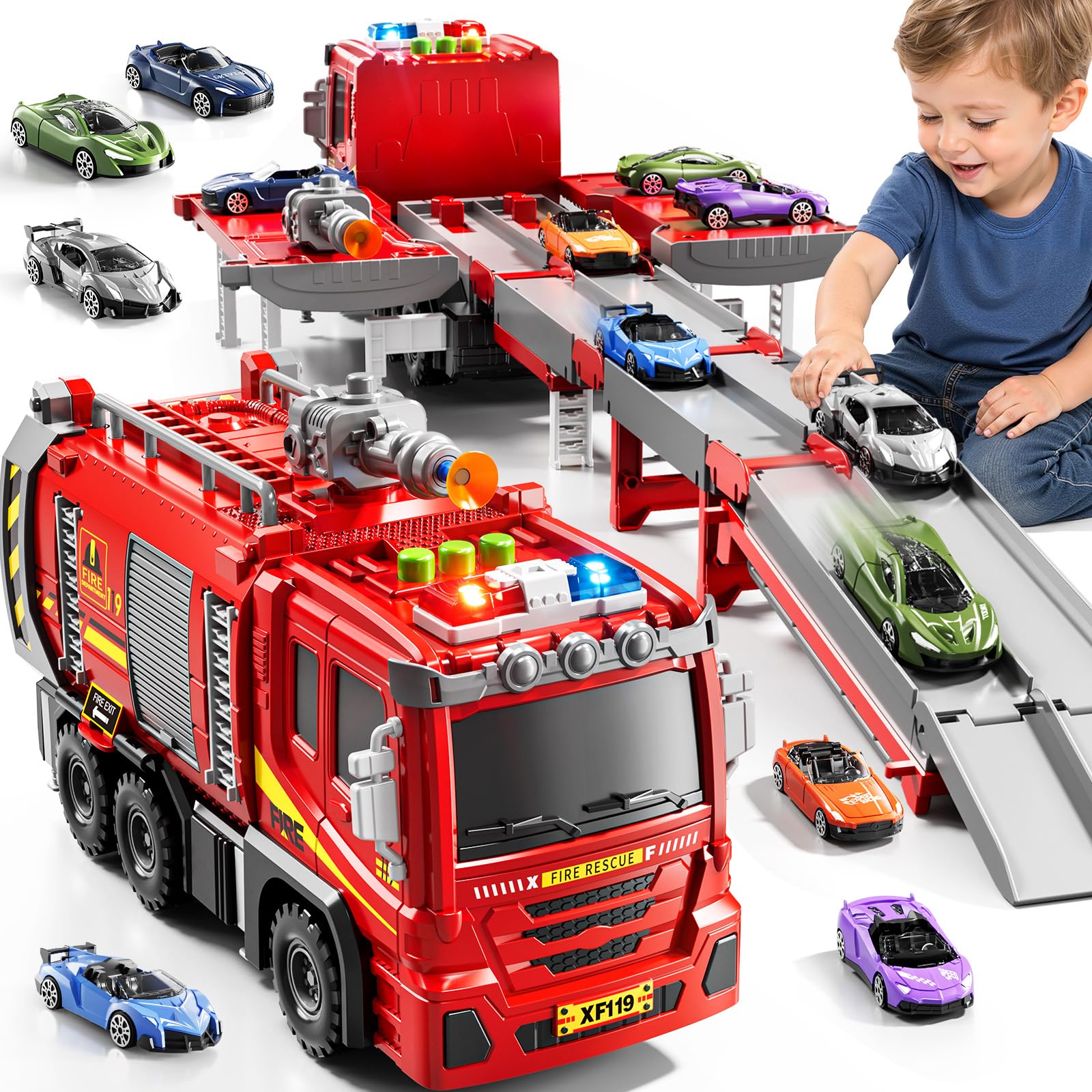 Firetruck Toys 3-5 Years Old, Fire Truck Car Carrier Toy Race Track