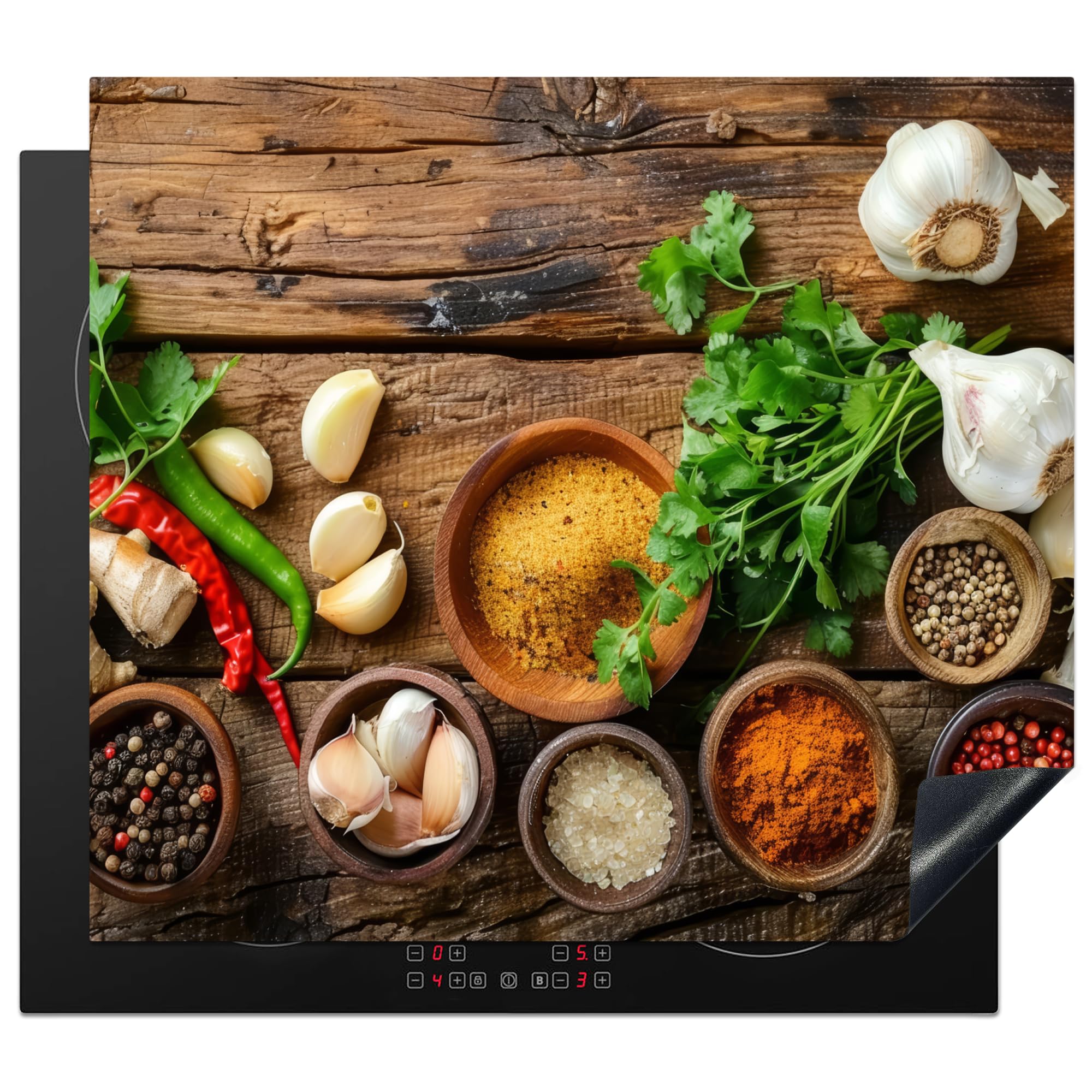 KitchenYeah© Herdabdeckplatte Induktion Schutzmatte Küche Herdabdeckung Ceranfeld Induktionsmatte Cerankochfeld Abdeckung Kräuter - Gewürze - Basilikum - Holzdruck - Knoblauch - 59x52 cm
