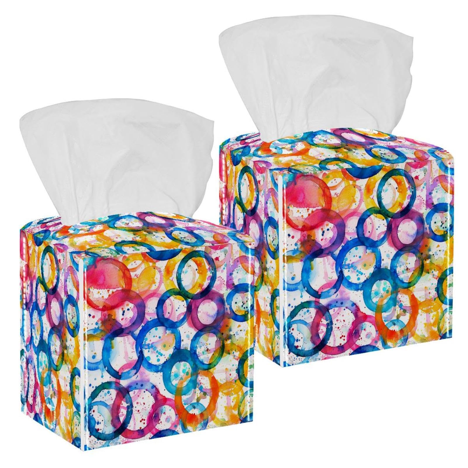 Watercolor Circles Tissue Box Cover, 2 Pack PU Leather Square Facial Tissue Dispenser Box holder for Home Office Car