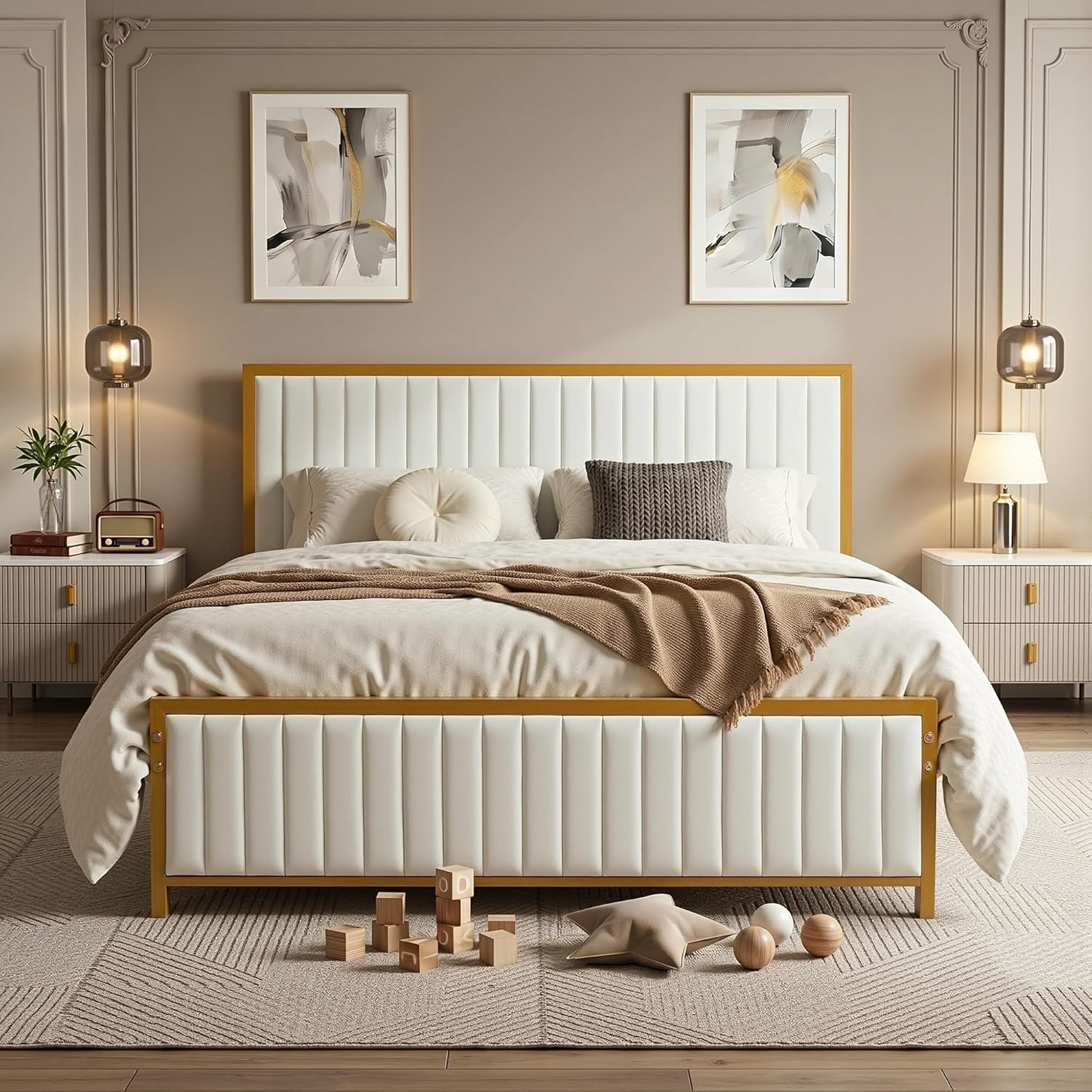 VECELO Letto matrimoniale imbottito 140 x 190 cm, piattaforma, supporto a doghe in legno solido, nessuna rete imbottita necessaria, tessuto vellutato, facile da montare, beige