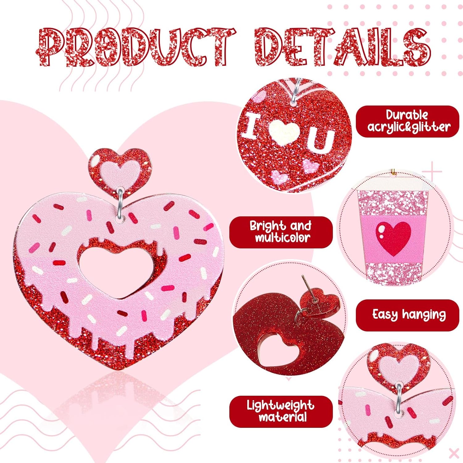 16 Pairs Valentine's Day Earrings Bulk for Women Acrylic Pink Red Heart Love XO Dangle Earrings Holiday Valentines Gifts - Image 3