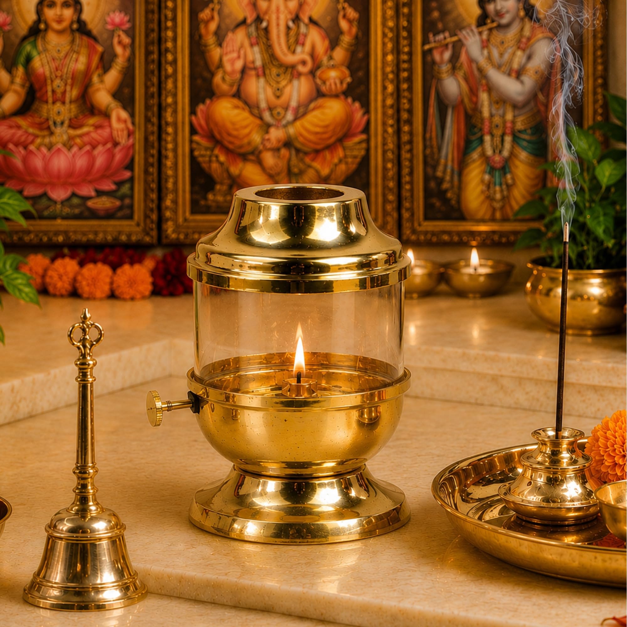 Habere India-All the Cultures Fabricating India Brass Akhand Diya with Adjustable Bati | Akhand Diya with Cover for Puja | Traditional Puja Dia for Mandir & Home Decor (D 10 x H 16 cm, 250ml)-image-12