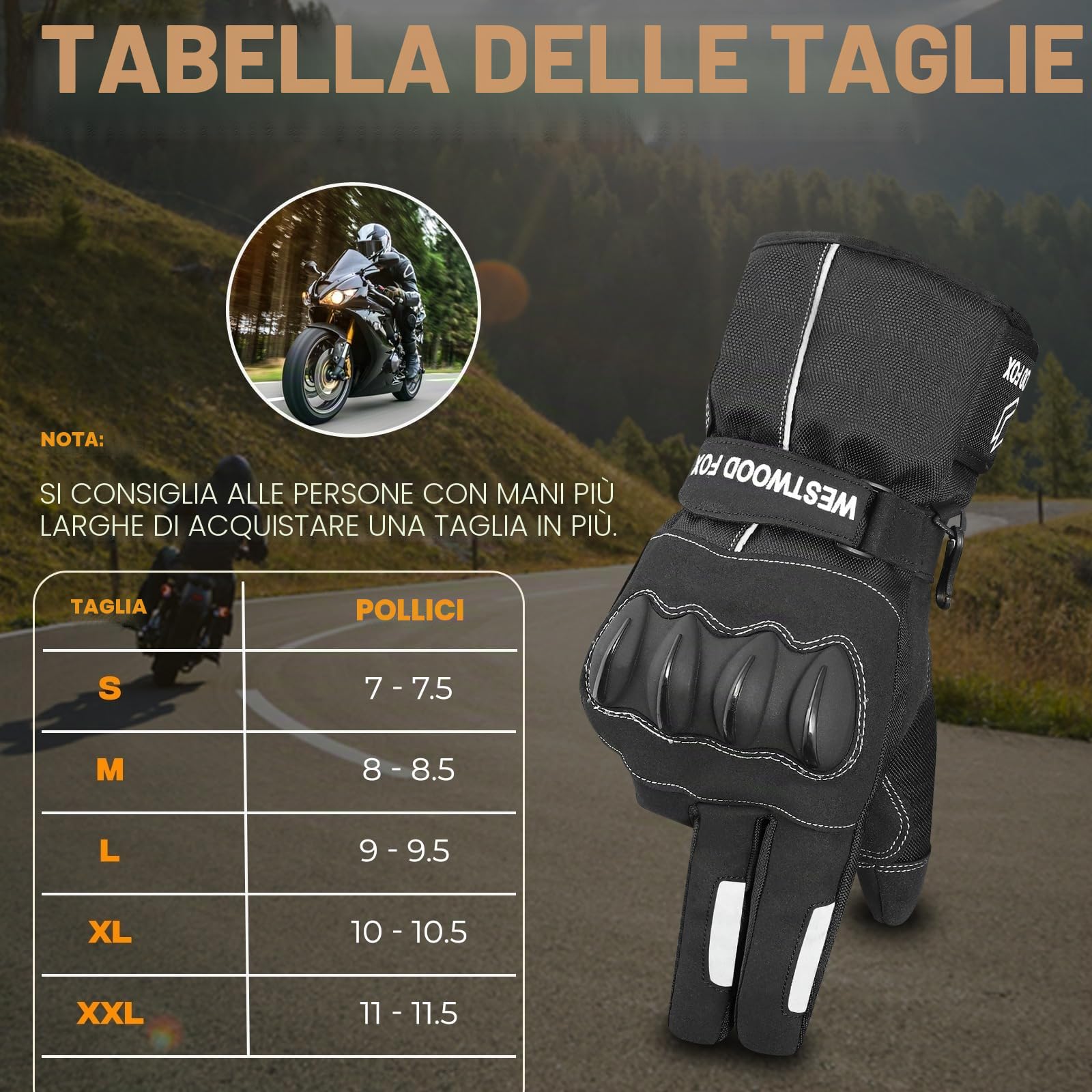 WESTWOOD FOX GEAR Guanti Moto, Guanti Impermeabili Invernali Termici Uomo Equitazione Antivento Scooter Motor Sport Touchscreen Estate Calda
