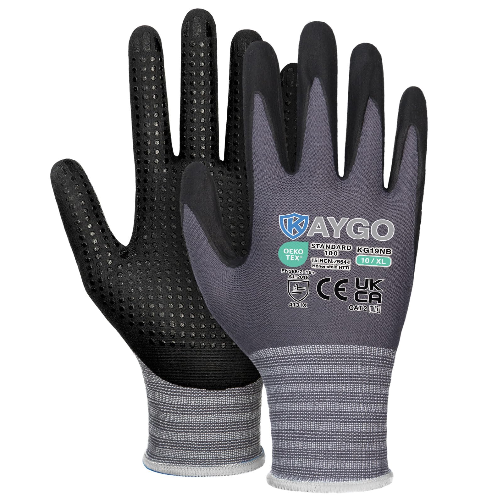 KAYGO Work Gloves with Grip Dots on Palm for Anti-Slip, 12 works, KG19N, MicroFoam Nitrile Coated Light Oil Compatible
