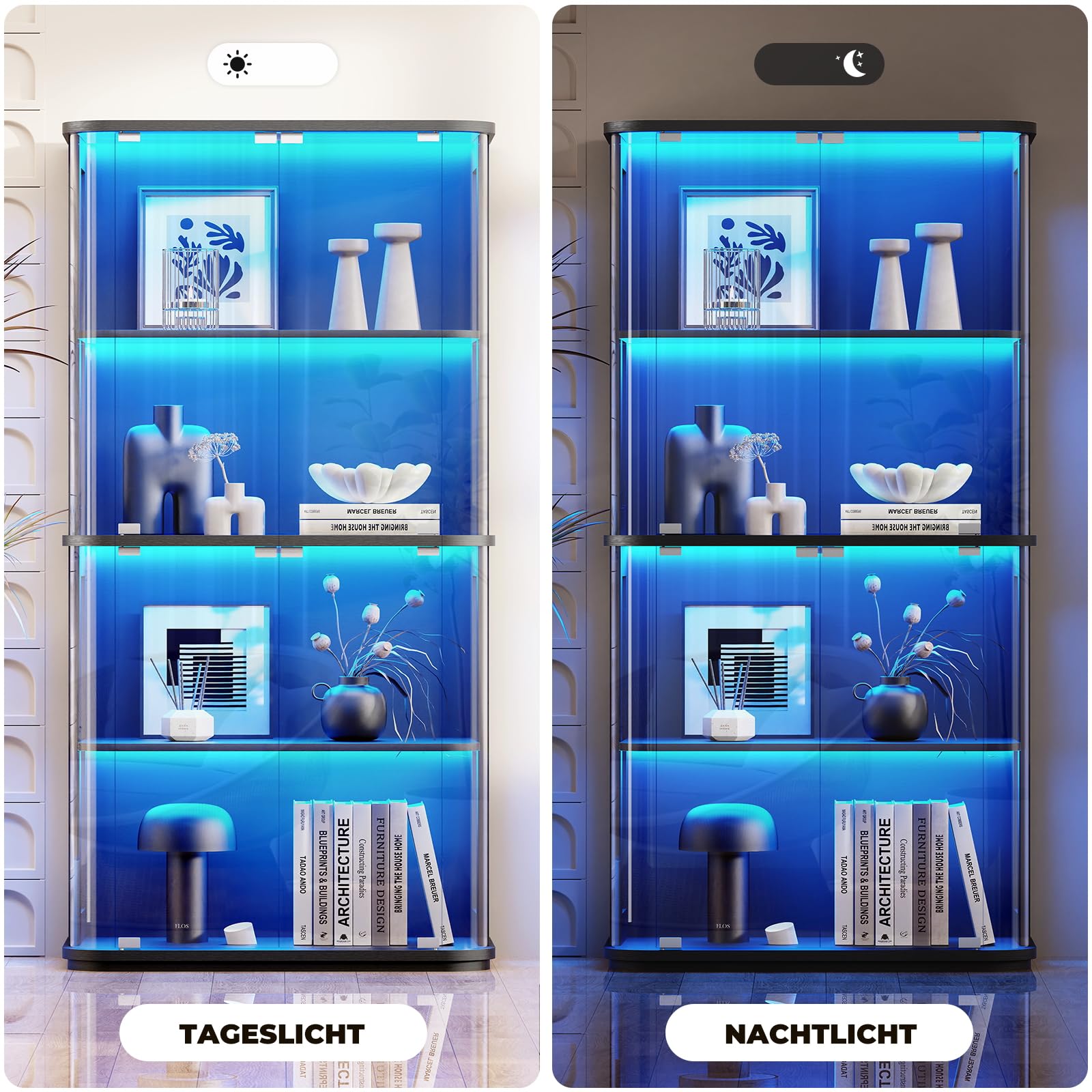 BROTTAR Rundvitrine mit Glastür, 4-stöckige Vitrine mit transparenter, Durchgehender Ausstellungsfläche für Sammlerstücke, Glasvitrine mit 3-Farbiger Beleuchtung, Bewegungssensor, schwarz