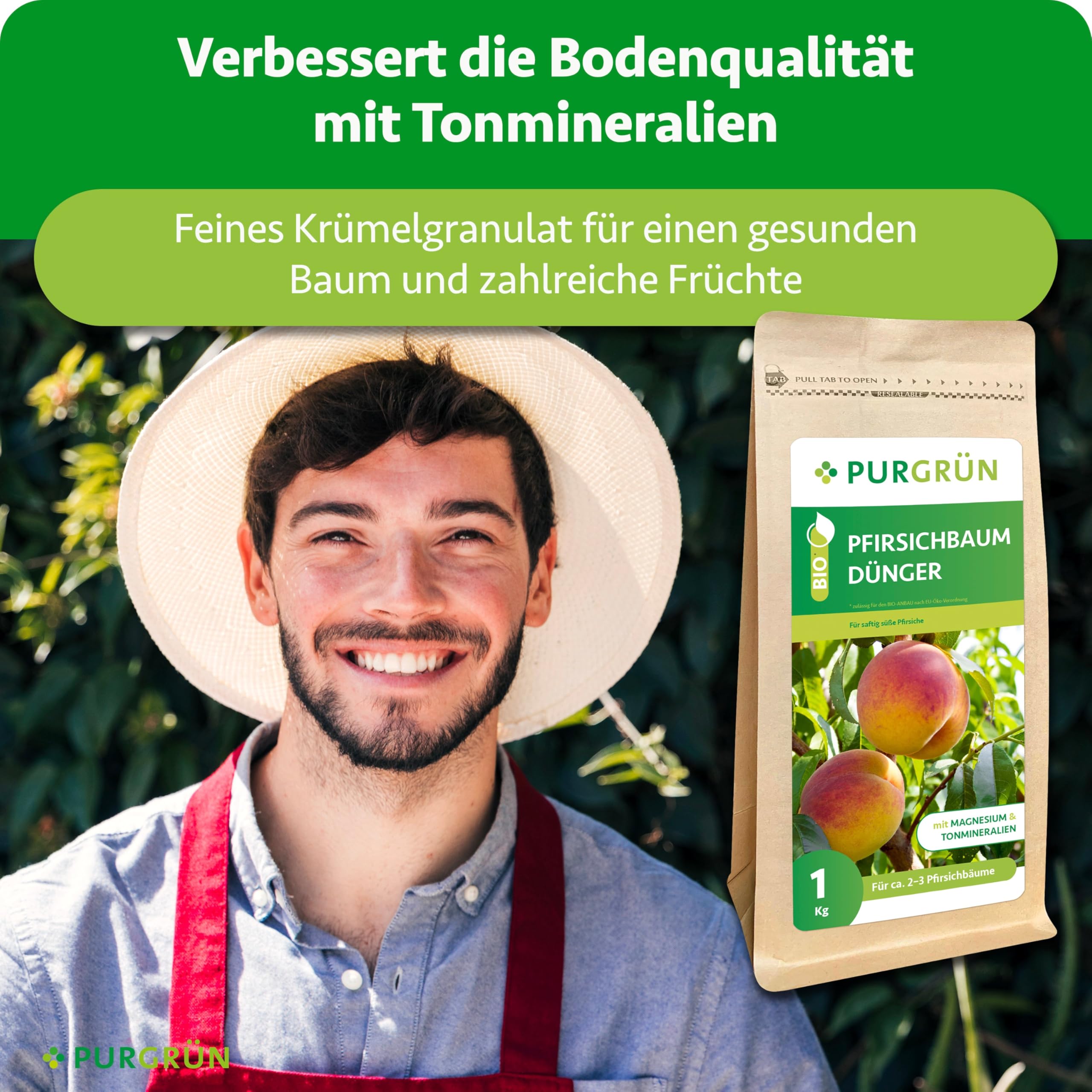 Bio-Pfirsichbaum-Dünger 1 kg – Organisch-mineralische Rezeptur – Feinkörniges Krümelgranulat – NPK 6+3+8 – Mit Magnesium für süße Pfirsiche – Verbessert die Bodenqualität – Chloridarm
