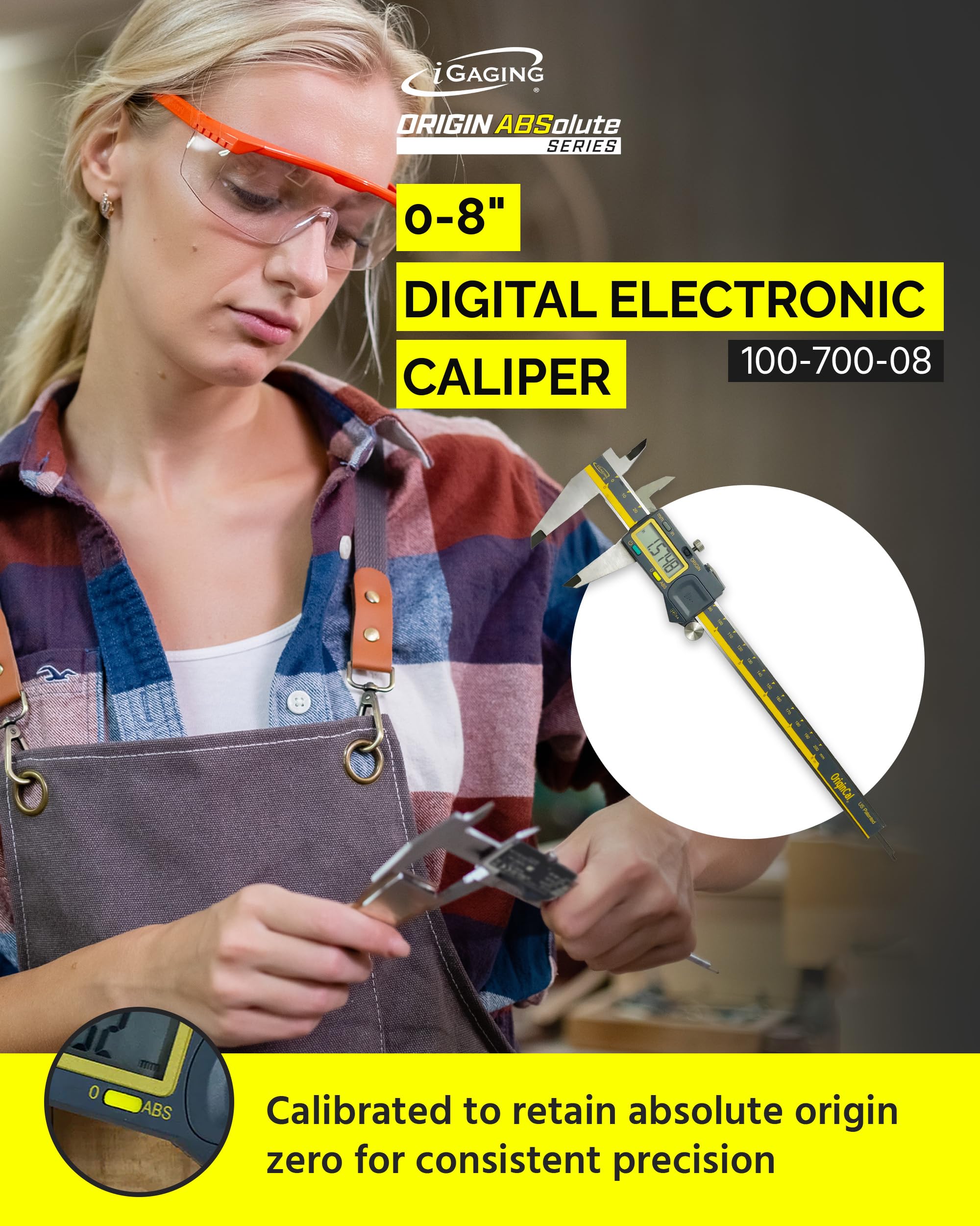 iGAGING Absolute Origin - Calibre digital de 0-8 pulgadas, acero inoxidable IP54, puerto de salida SPC/USB, modos métrico y pulgadas, funda, manual, batería