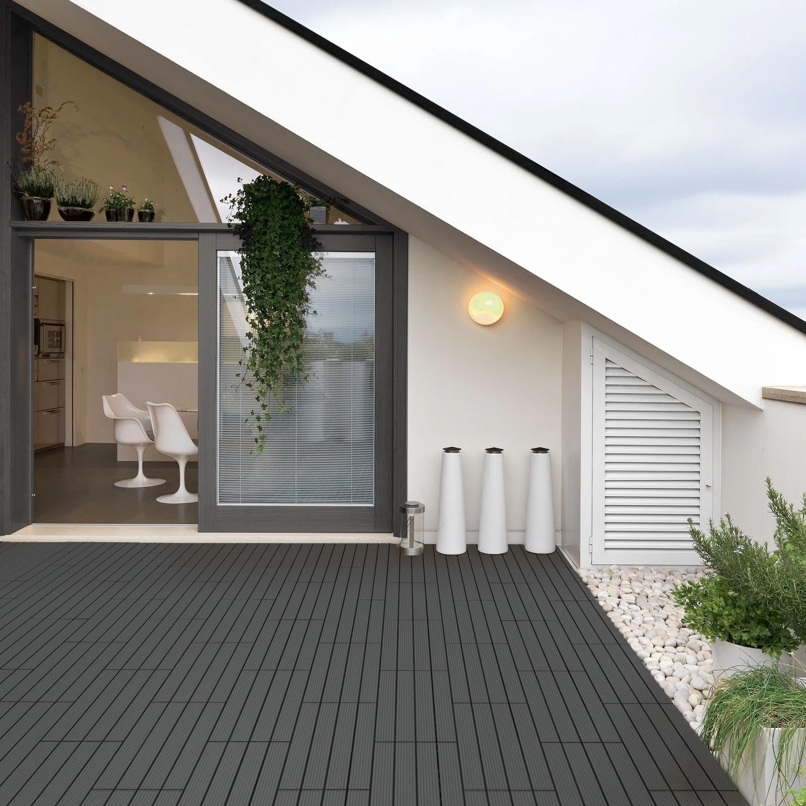 YOEVU - Baldosas de Exterior de Madera Composite WPC | Antideslizantes y Resistentes al Agua | Fácil Instalación | 1.08m² | Set de 6, Patio y Jardín, 30X60cm (Antracita)